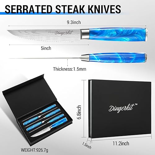 Miniatura 6 de Juego de 6 cuchillos para carne, cuchillos de carne negros - Juego de cuchillos de carne de acero inoxidable de alto carbono para cena con caja de