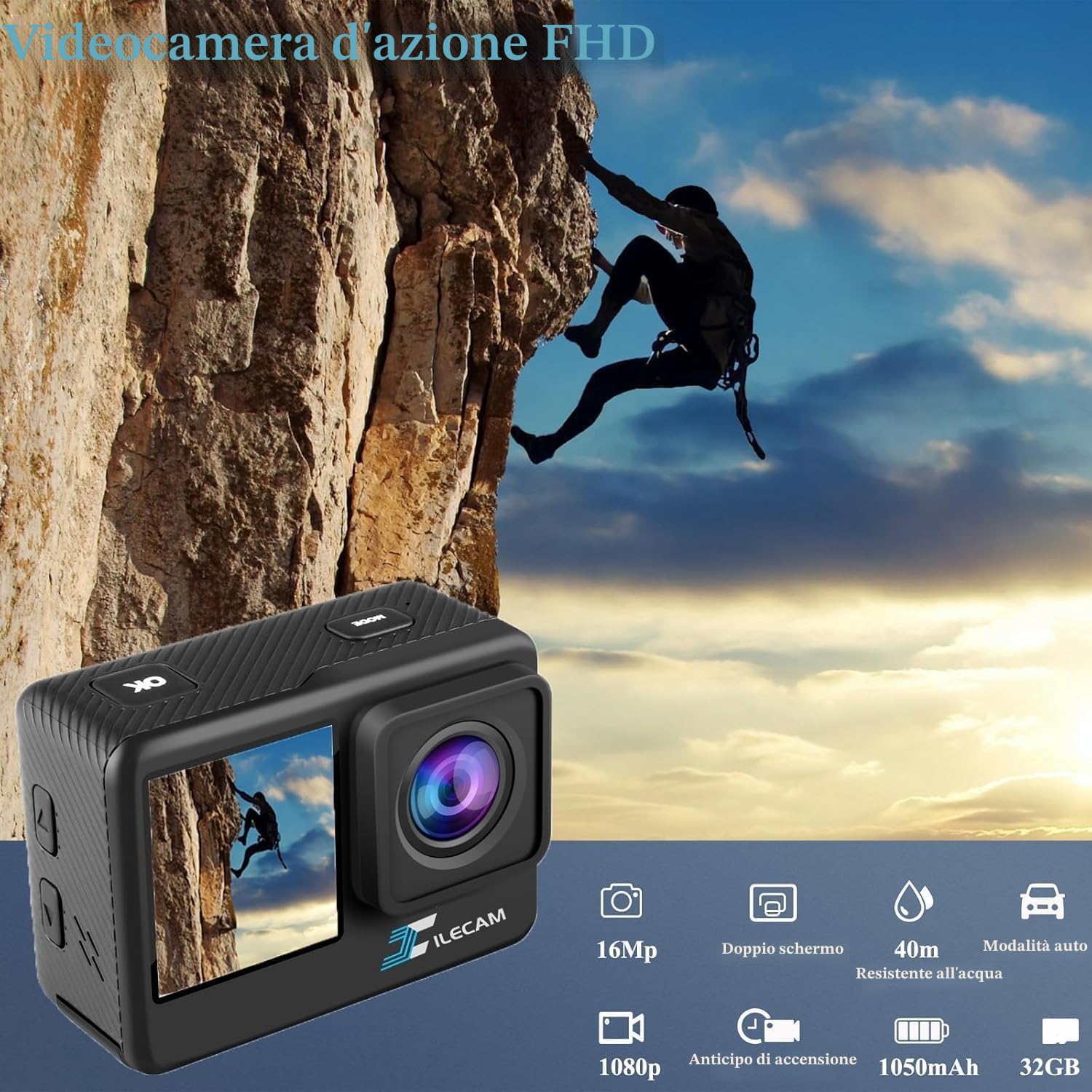 Xilecam Action Cam a Doppio Schermo Fotocamera Impermeabile Con memoria da 32GB 4*Zoom Macchina Fotografica Subacquea da 131 Piedi con Batteria 2 e Accessori Multifunzionali（nero）