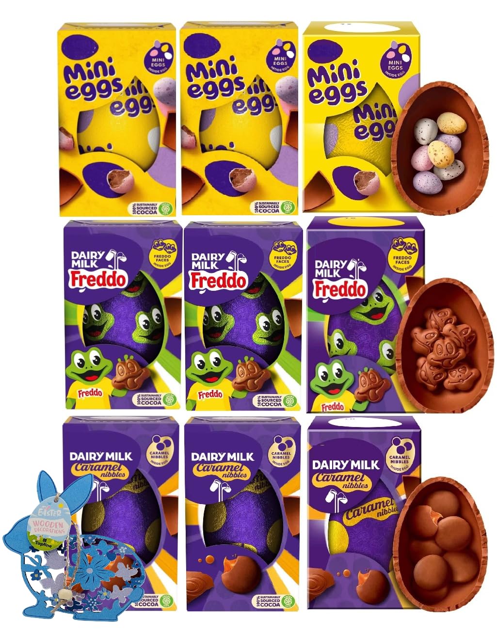 Easter Egg Bulk Chocolate Hamper - Sweets Gift Box of 9-3 x Caramel Nibbles 96g, 3 x Mini Eggs 97g, 3 x Freddo 96g Chocolate Eggs with Topline Hanging Decoration for Egg Hunt, Easter Gifts