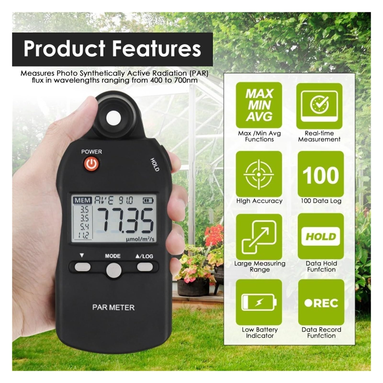 Medidor UVB, Professional PAR Meter PPFD Tester with Quantum Sensor for Plant Growth 400–700 nm