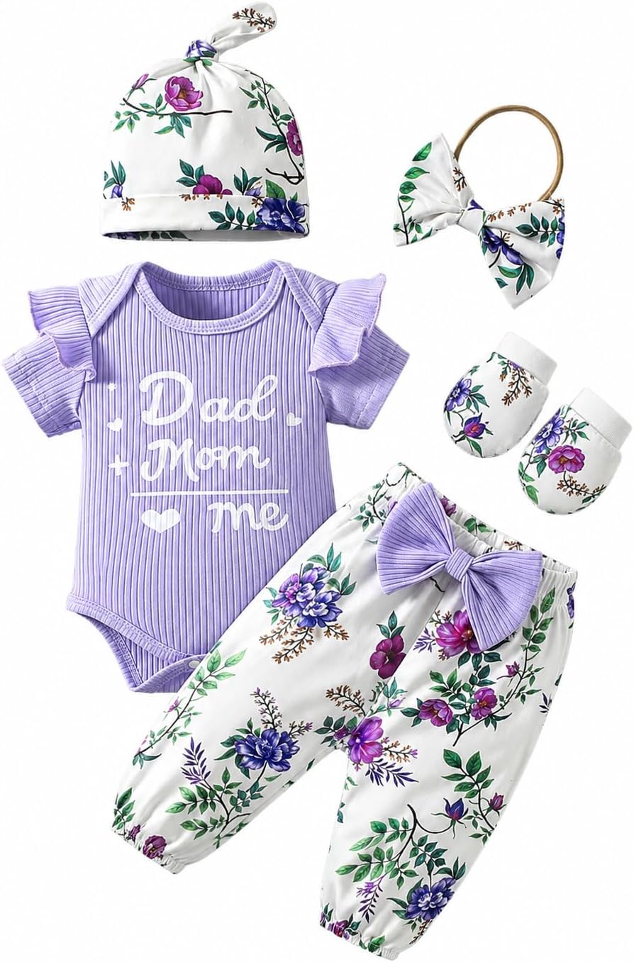 ChuYuKu Newborn Girl Coming Home Outfit 5Pcs, Baby Hospital Outfit Set, Romper Flower Pants Headband for Spring Summer