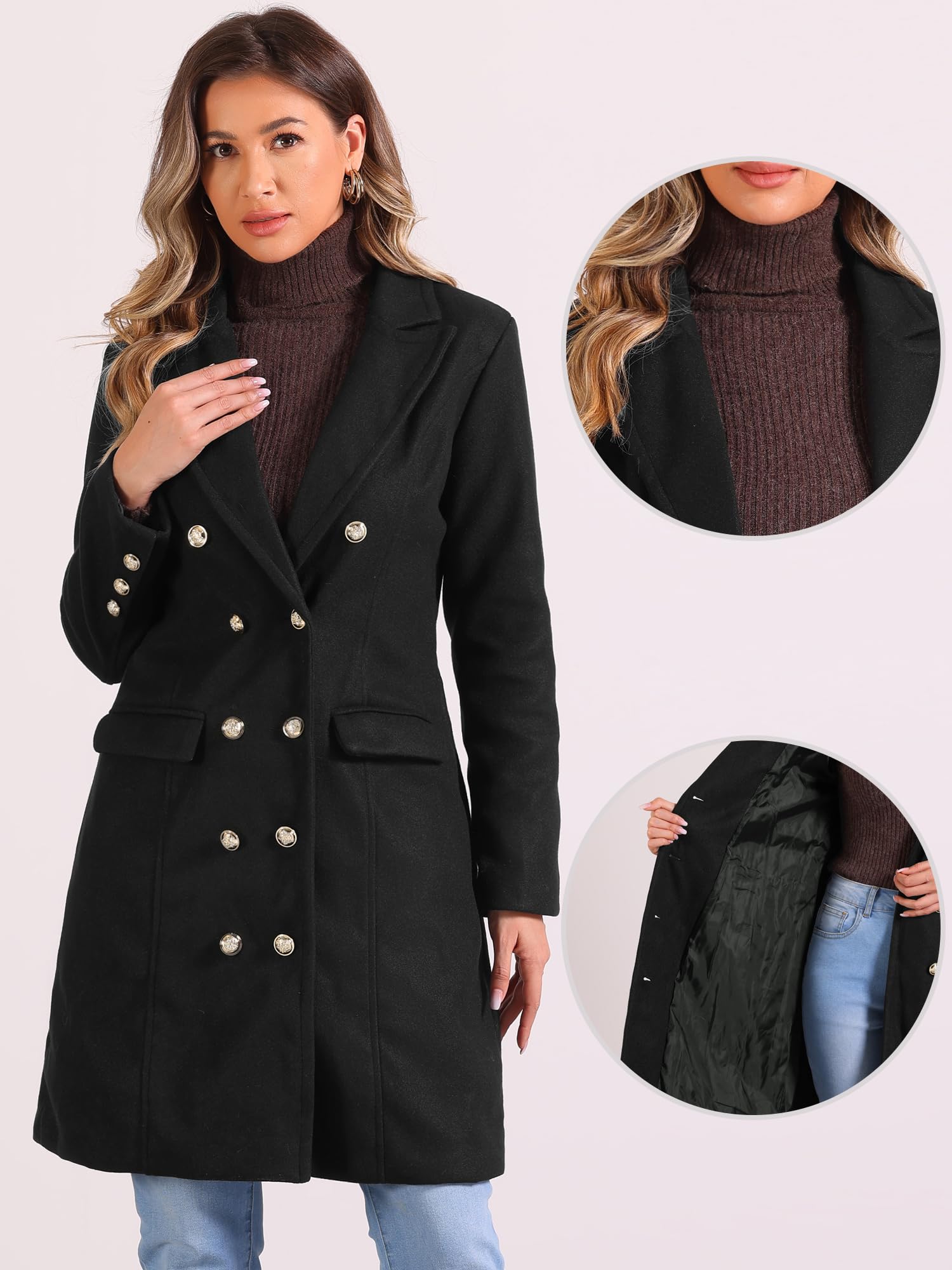 Allegra K Femme Manteau Caban Croisé Revers Cranté Long Hiver | Extérieur Mélangé Coton Doublure Intérieure Occasions Bureau Soirée Formelle Revers Cranté