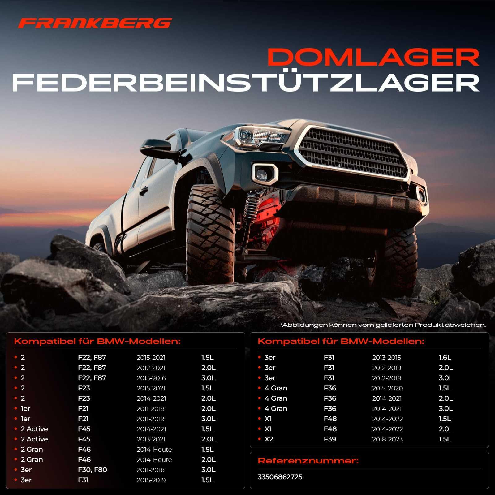 Frankberg Cuscinetto del montante Cuscinetto di supporto della sospensione Posteriore Compatibile con Serie 1 F20 Serie 3 Touring F31 M.i.n.i F56 X1 F48 2 Active Tourer F45 Replace# 33506862725