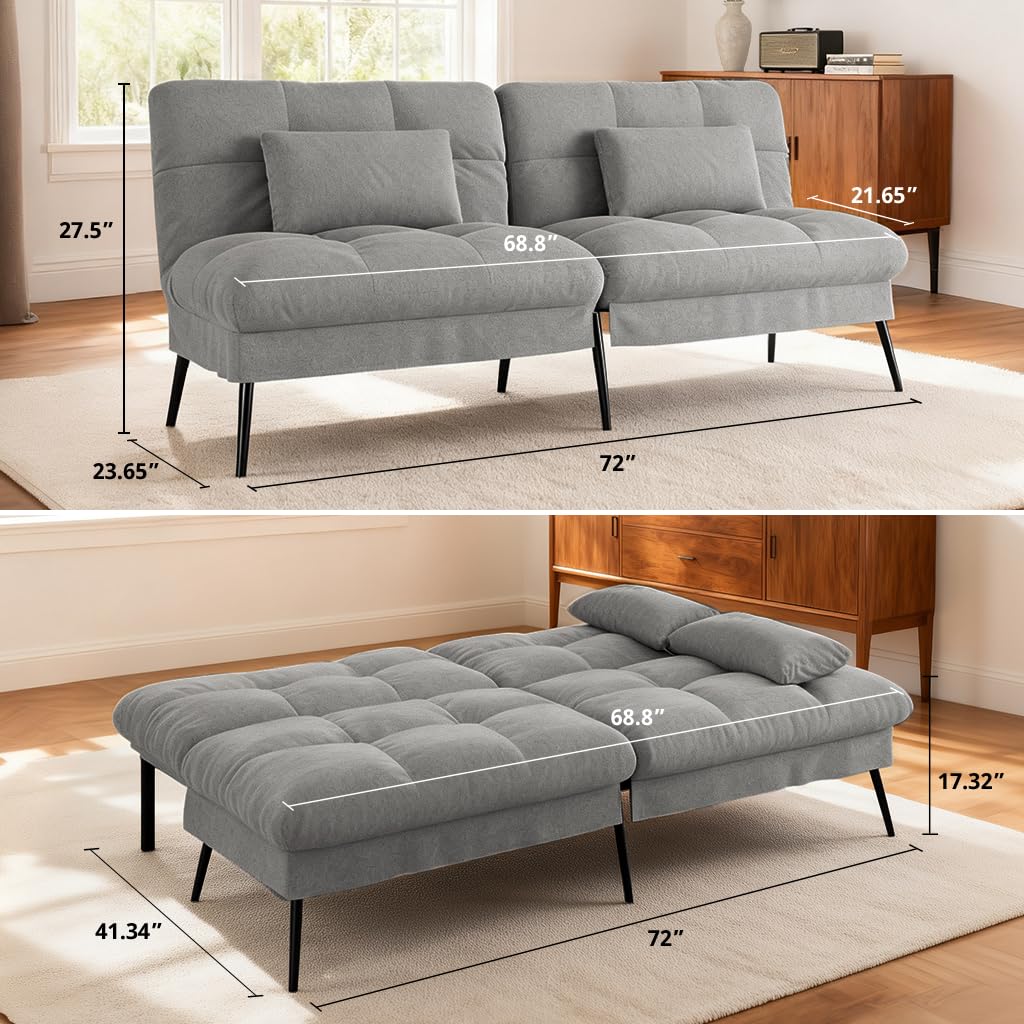 COMHOMA 72″ Convertible Futon Sofa Bed, Adjustable Backrest, Grey | Breathable Fabric Futon Couch with Pillows,Multi-angle Ergonomic Reclining,Space-saving Sleeper Sofa for Living Room