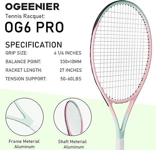 Miniatura 2 de OGEENIER Raqueta de tenis de 27 pulgadas para adultos, raqueta de tenis preencordada para principiantes, raquetas ligeras y recreativas con 1