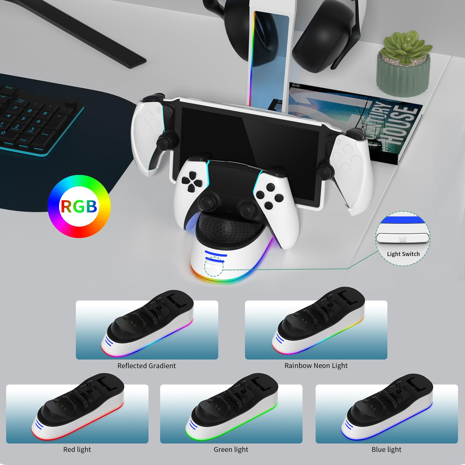 Estación de Carga portátil con Soporte para Auriculares para Controlador PS5 Soporte de Carga Indicador de Carga de luz RGB para Consola de Juegos Portal
