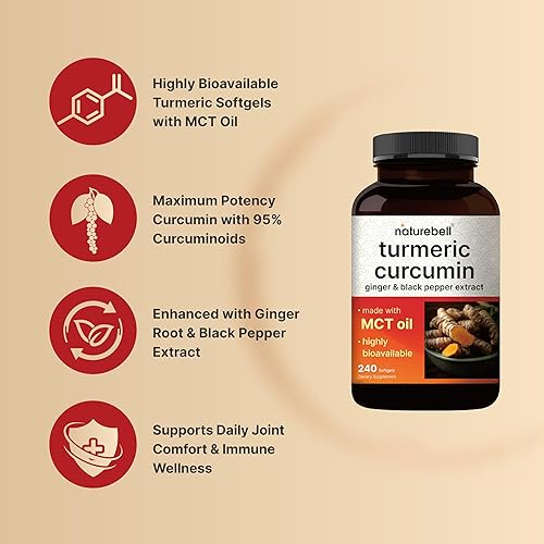 Vista 3 de Suplemento de curcumina de cúrcuma con pimienta negra y jengibre, 95% curcuminoides, 240 cápsulas blandas con aceite MCT para una mejor absorción