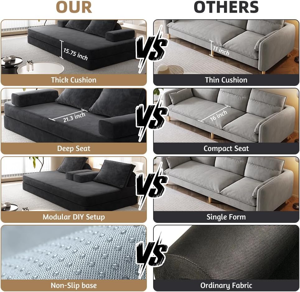 87" W Multifunctional Sofa Bed with Fuffy Chenille Fabric, Convertible Sleeper Couch with Pillows, DIY Folding Floor Compression Loveseat for Living Room, No Assembly Required (Dark Gray)