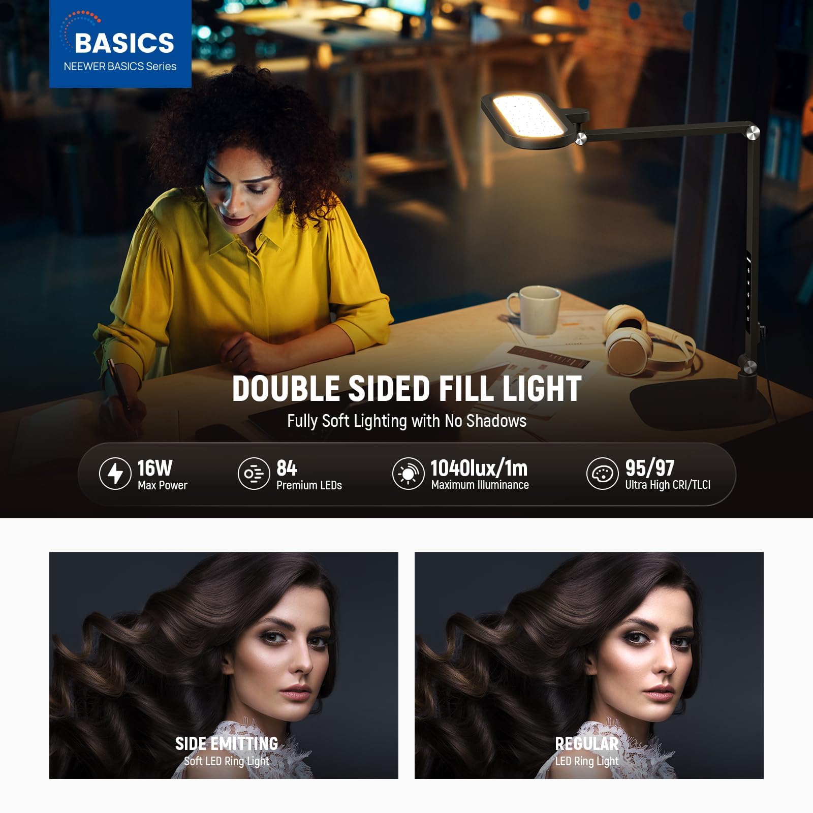 NEEWER Basics 16W Desktop LED Lampe für Homeoffice, Videokonferenzen und Lesen, augenschonendes, doppelseitiges, dimmbares Touch Ringlicht mit Tischständer, Memory Timer, 5 Farbmodi, CRI95, FR16