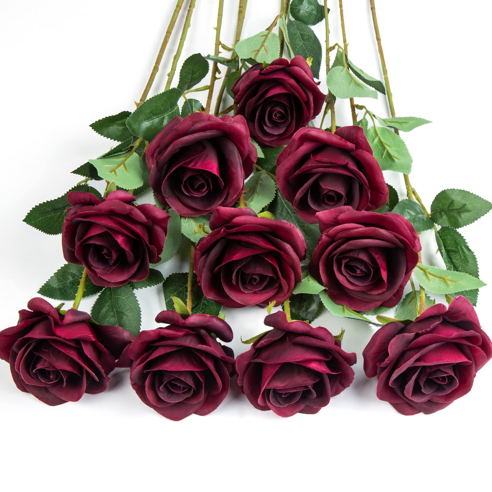 DuHouse 10Pcs Artificial Roses Fake Silk Flowers Realistic Bridal Bouquets with Single Long Plastic Stems for Arrangement Wedding Table Centerpiece Party Home Decor(Burgundy-Long Stem)