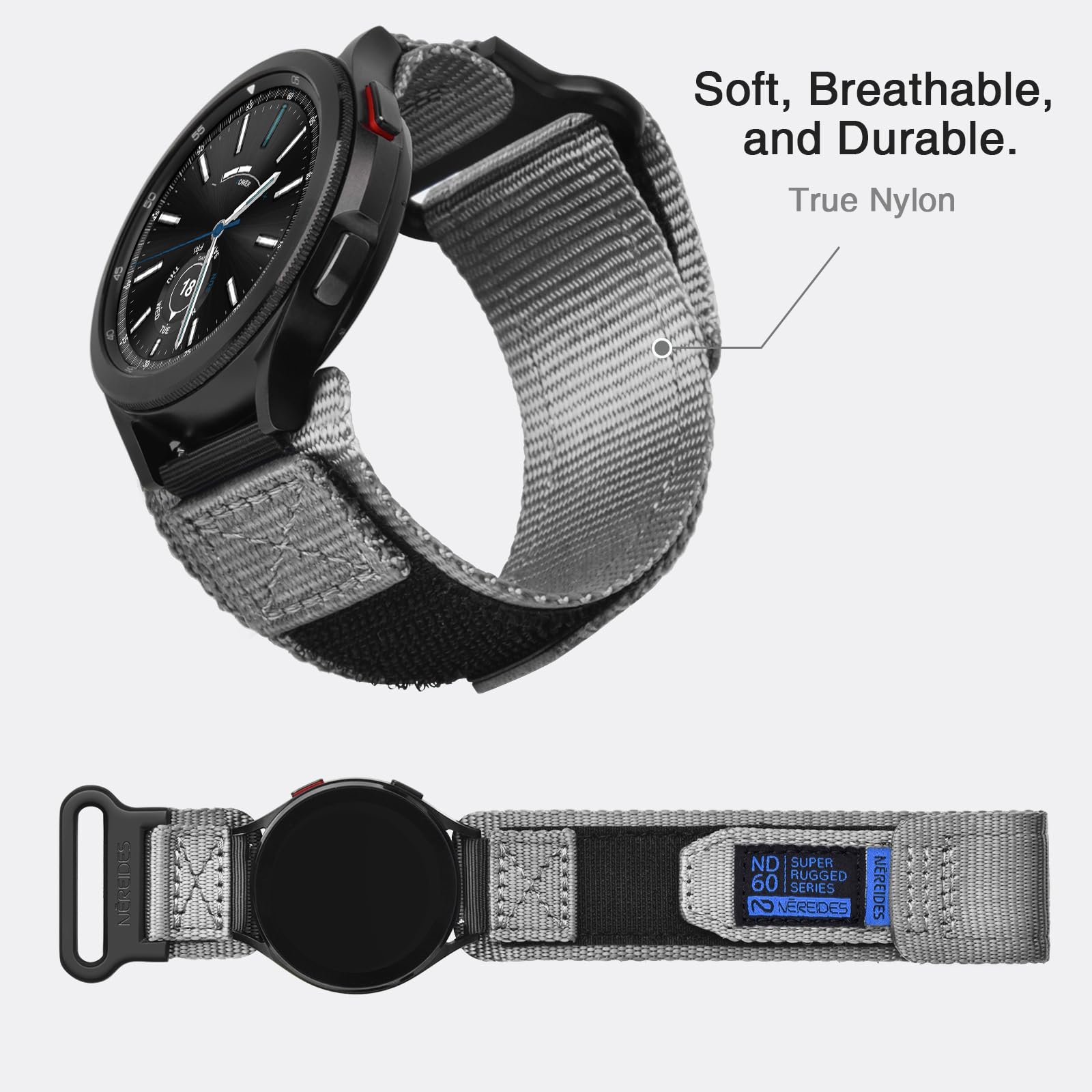 Nereides 20mm Watch Band Compatible with Samsung Galaxy Watch 7 6 5 4 FE 40mm 44mm/6 4 Classic/5 Pro, Nylon Sport Strap Compatible with Garmin Vivoactive 6 5 3/Forerunner 645 55 245 (XL, Grey) - 5