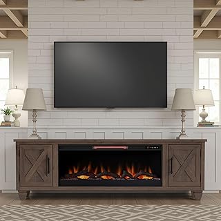 Realcozy Liberty Farmhouse 79 inch Electric Fireplace TV Stand Entertainment Center, for TVs up to 90 inches, Minimal Assembly, Solid Wood, Barnwood Finish