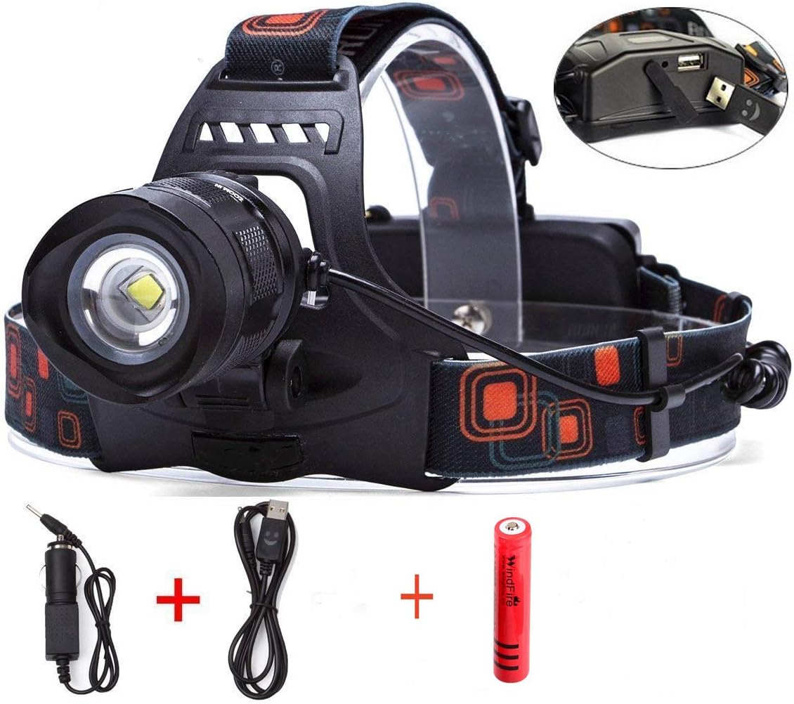 WindFire Rechargeable LED Headlamp 2000 Lumens 5 Modes Zoomable Bright Hands Free Head Torch Flashlight with USB Output for Hunting Fishing Riding Camping Walking
