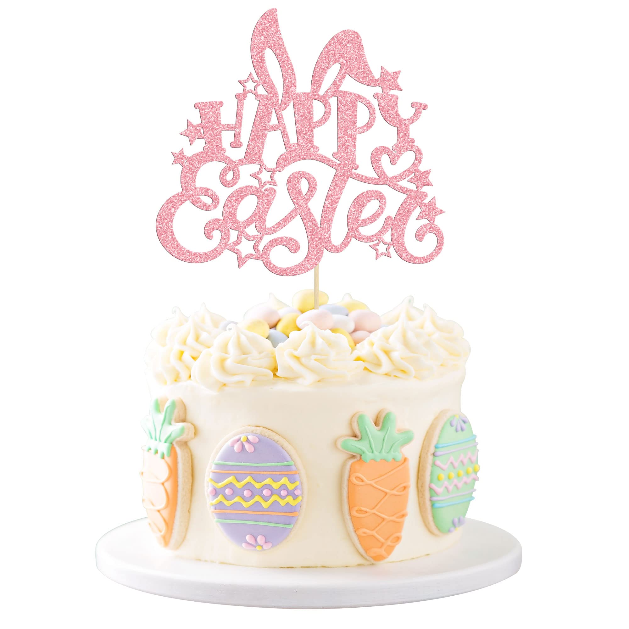Gyufise 1 Pack Pink Glitter Happy Easter Cake Topper Easter Bunny Ear Cake Decoration for Happy Easter Spring Theme Baby Shower Birthday Party Decorations