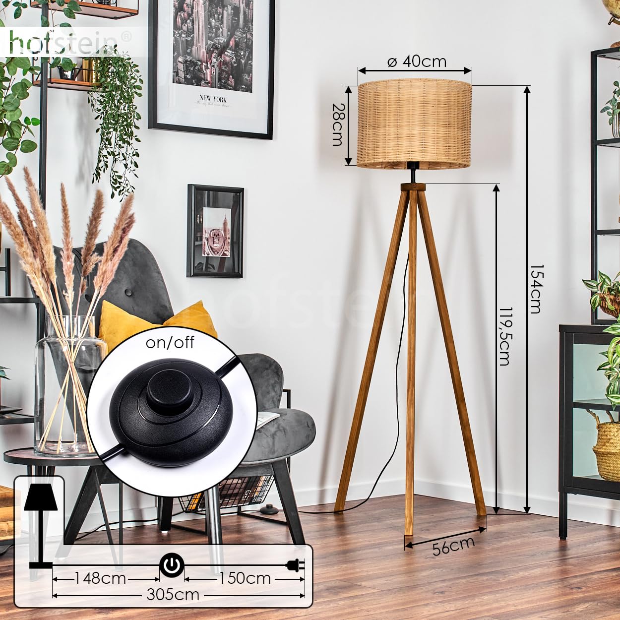Stehleuchte Cavaca, Stehlampe aus Holz/Korbgeflecht/Rattan in Naturfarben, Leuchte im skandinavischen Design mit rundem Schirm (Ø 40 cm) u. Fußschalter, Höhe 154 cm, 1 x E27, ohne Leuchtmittel