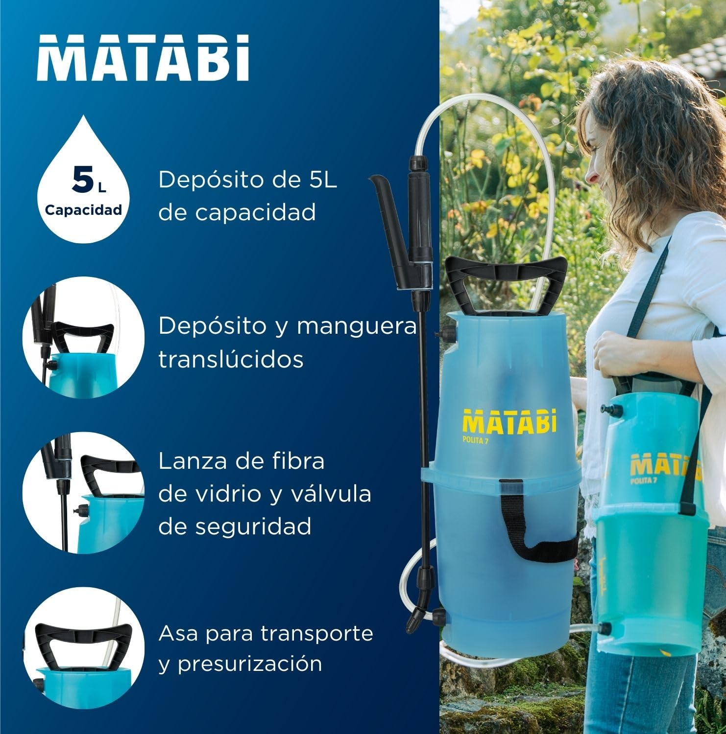 Matabi Polita 7 - Pulverizador Manual de Previa Presión - Capacidad 5L - Ideal para Jardinería, Huerto y Plantas - Boquilla Regulable y Lanza de Fibra de Vidrio - Depósito Translúcido