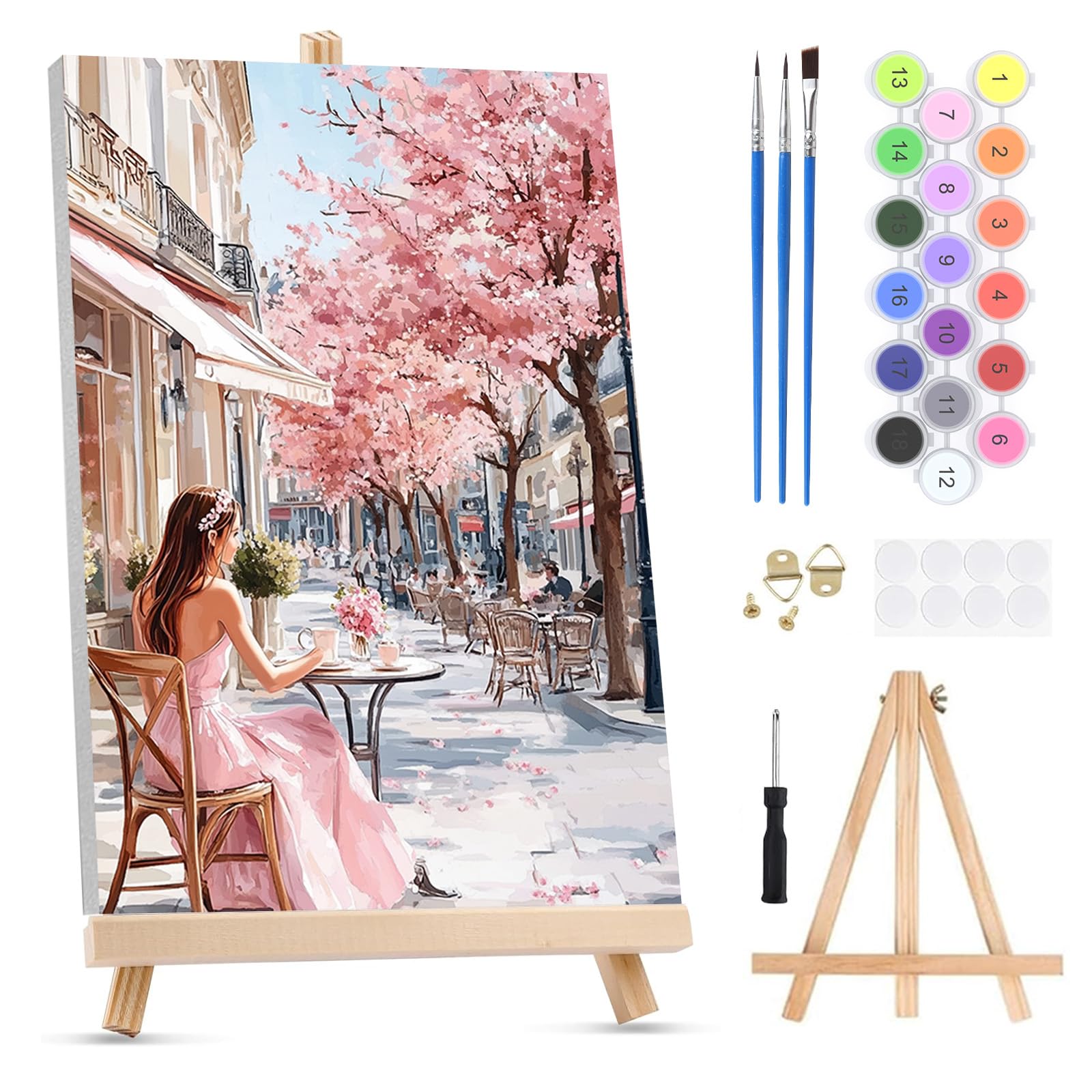 QENSPE Paint by Numbers for Adults on Framed Canvas - with Wooden Easel, Cherry Blossom Street Painting by Number Kit for Beginners, DIY Girl Acrylic Oil Painting for Home Wall Decor (8x12 inch)