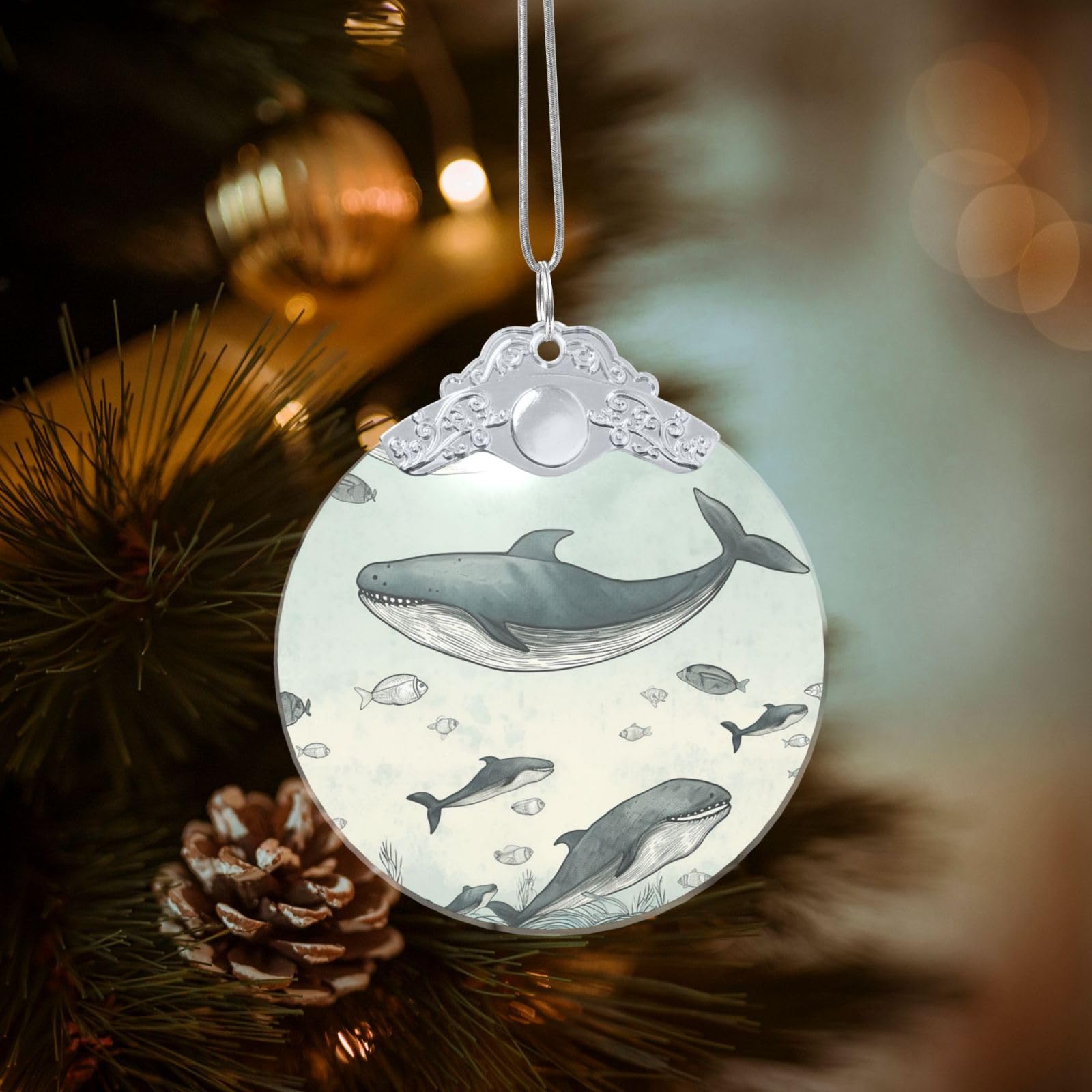 Crystal Christmas Ornaments for Christmas Tree Decoration Hanging Baleen Whale Ornament with Gold Ribbon Crafts Round Pendant for Keepsake Gifts Glass Xmas Decor Party Supplies