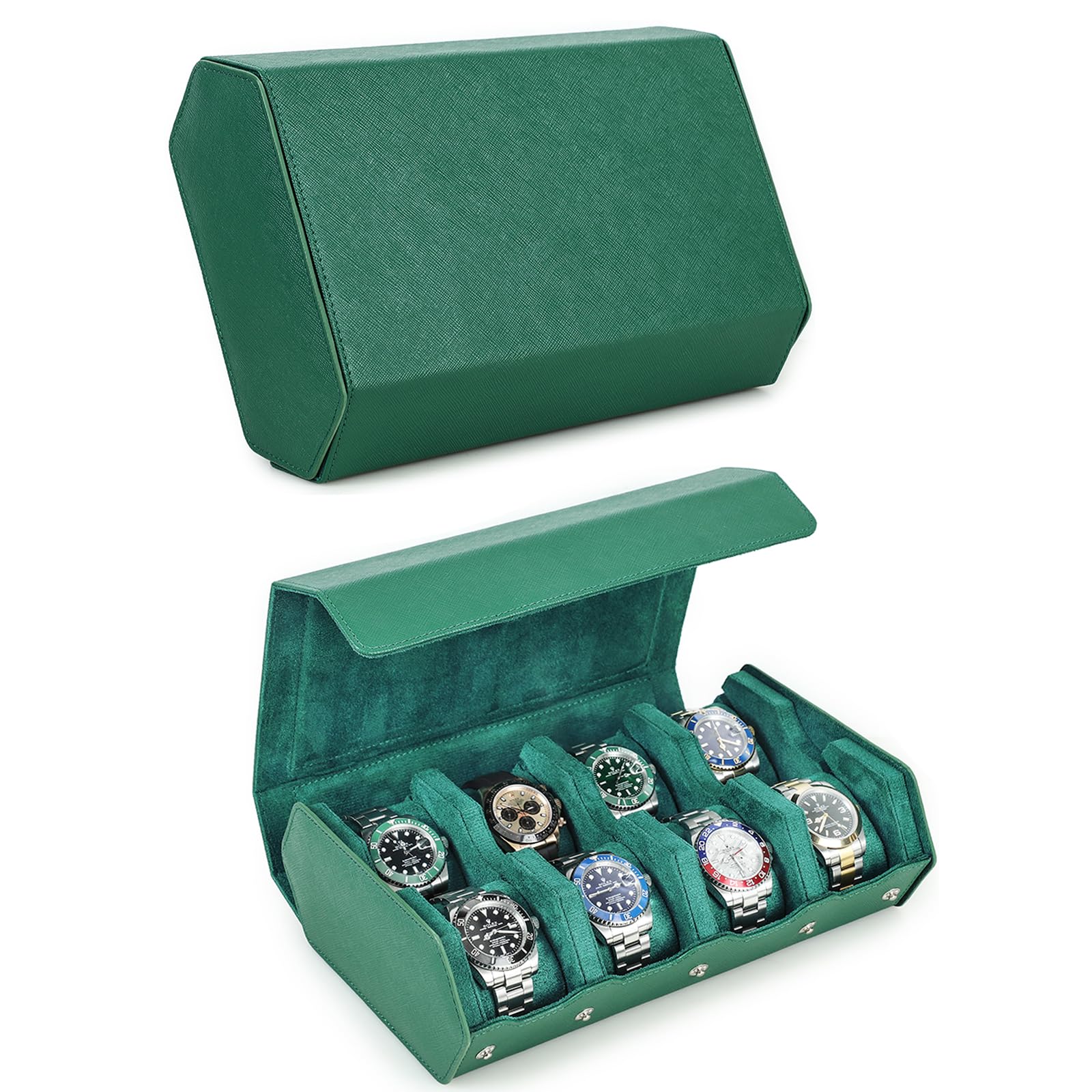 HVMBEUGOS Hiram Hexagon Watch box Genuine Saffiano Leather Watch Case for 8 Watches, Leather 8-Slot Watches Protective Storage Case Watch Display Organizer for Men (Green)