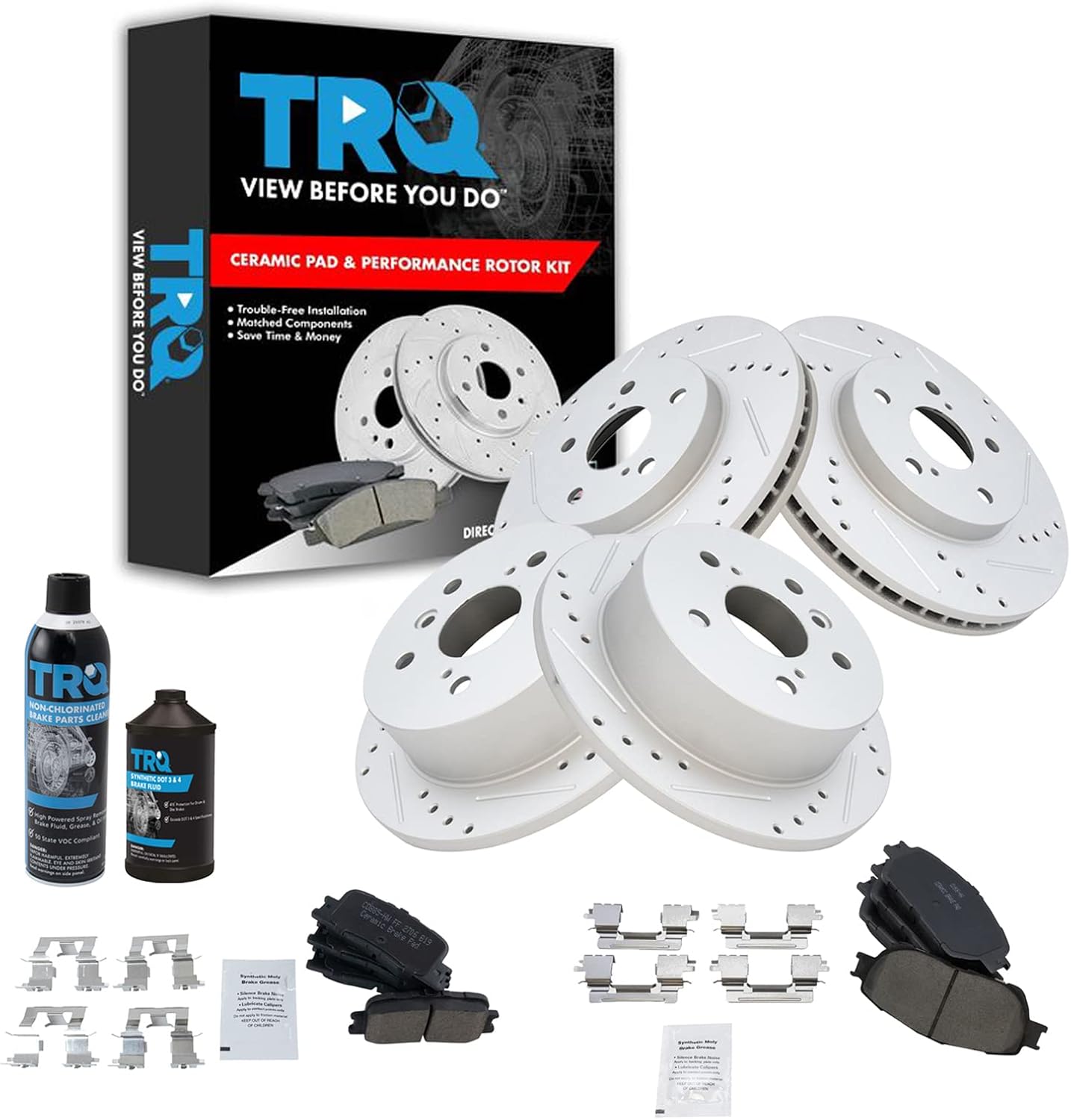 TRQ Front & Rear Brake Pad & Rotor Kit Ceramic Premium G-Coated Slotted X Drilled Compatible with 2002-2003 Lexus ES300 2005-2006 Toyota Camry
