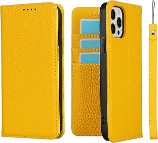 iCoverCase for iPhone 12/12 Pro Wallet Case with Credit Card Holder and Wrist Strap, RFID Blocking Genuine Leather Flip Magnetic Cell Phone Cover Case for iPhone 12/12 Pro 6.1 Inch (Yellow)