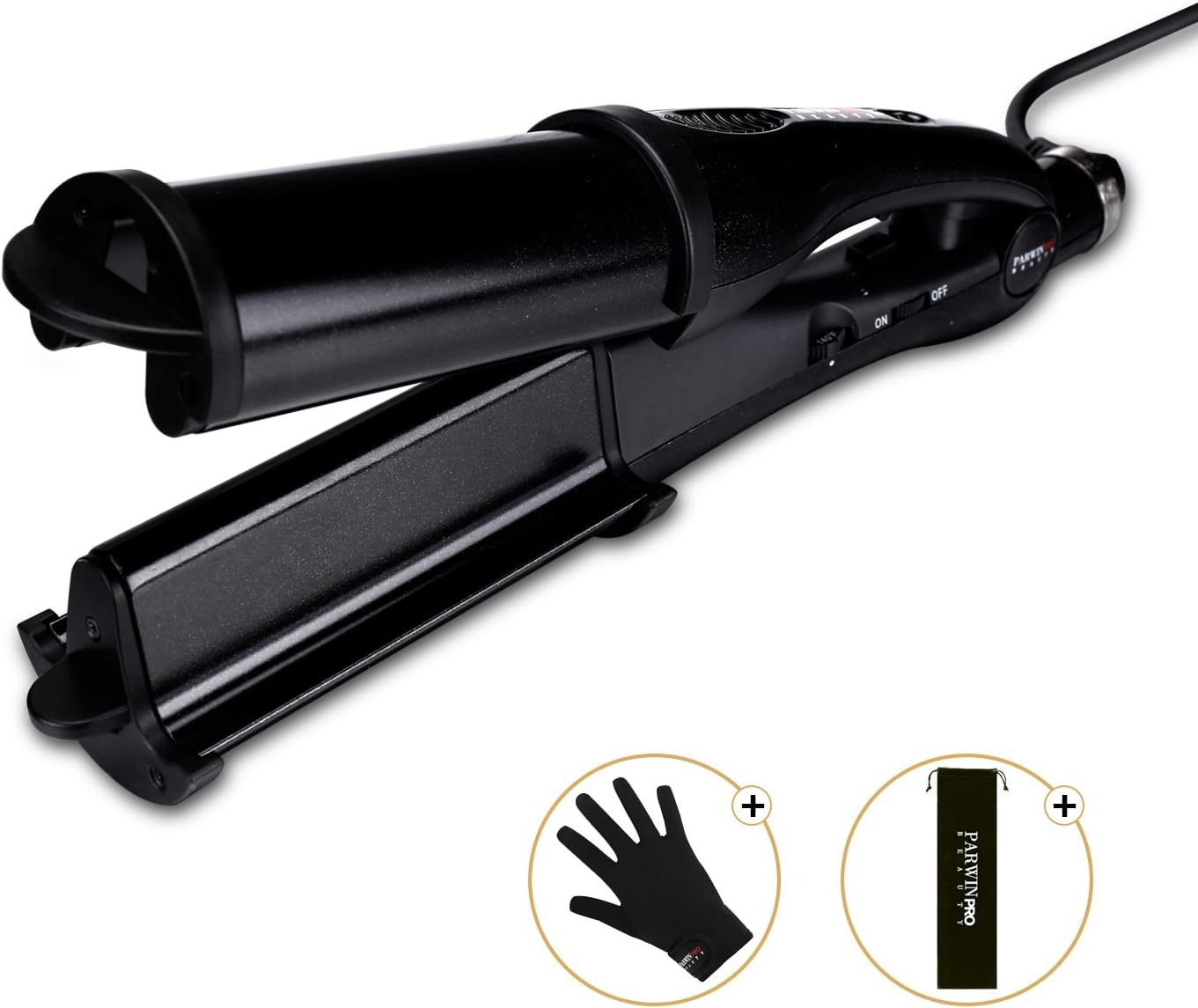PARWIN PRO Deep Waver Curling Wand 2 in 1 Professional Hair Curler with Heat Settings, Anti-scalding Insulated Tip & Heat Resistant Glove For Big Wavy Hair Styles, Black