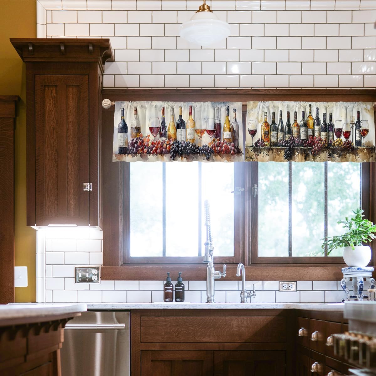 Rustic Curtain Valance for Windows 4 Pack Red Wine Grape Wine Bottle Watercolor Painting Rod Pocket Window Treatments Short Curtains for Kitchen Windows Bathroom Bedroom 54x18 Inch