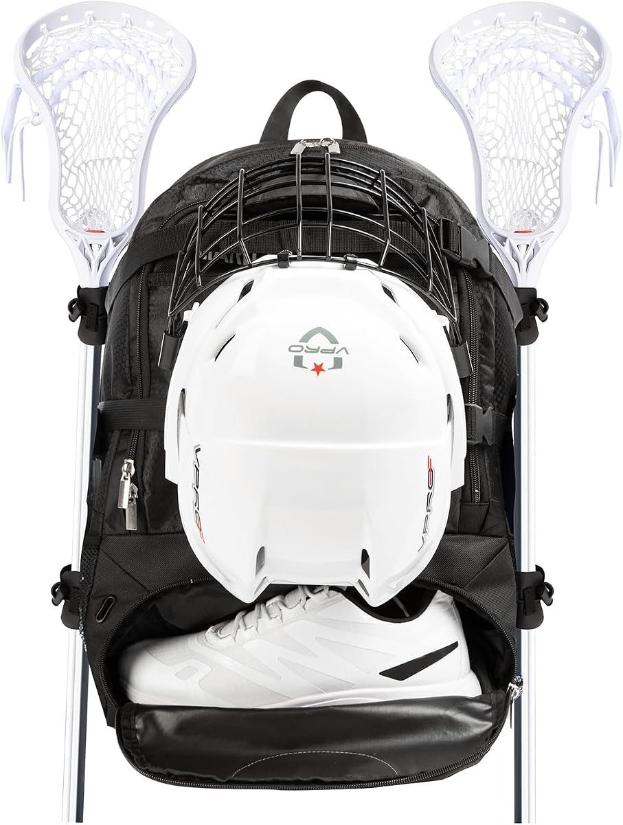Mochila con bolsa de lacrosse para equipos de lacrosse y hockey sobre césped: dos soportes para palos, compartimento para zapatos con tacos separados