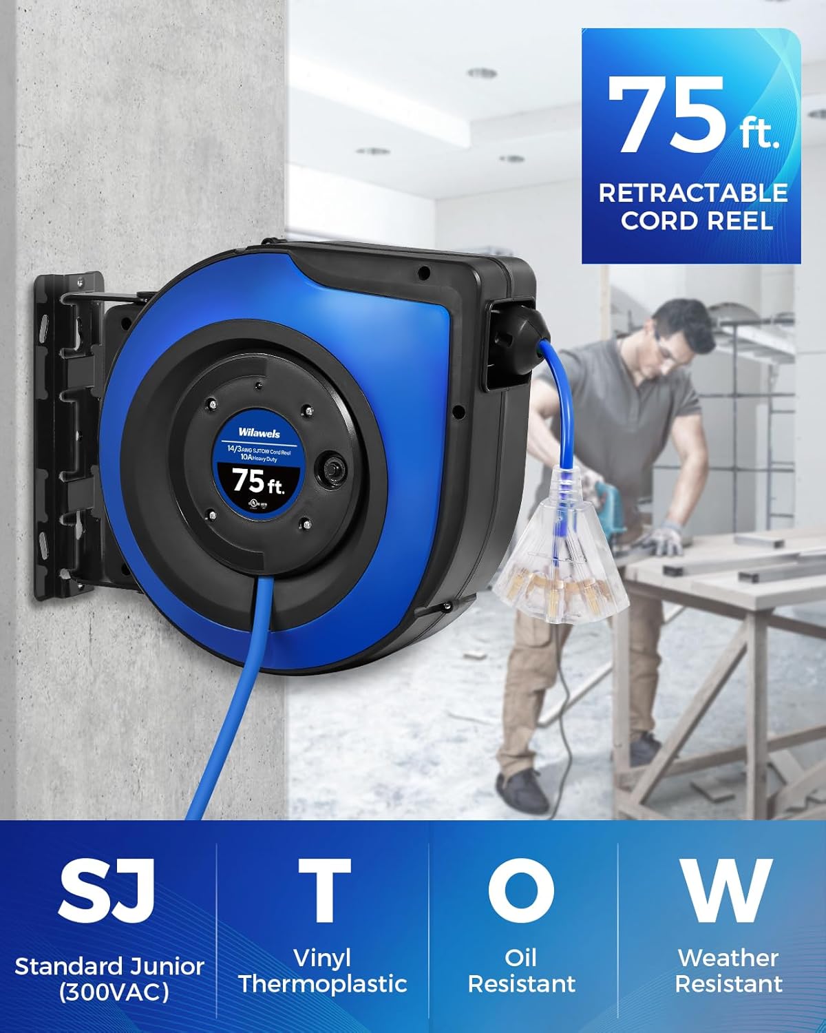 Retractable Cord Reel，3 Grounded Outlets Lighted Triple Tap，75 FT & 40 FT，bundle U75CR06-U40CR06