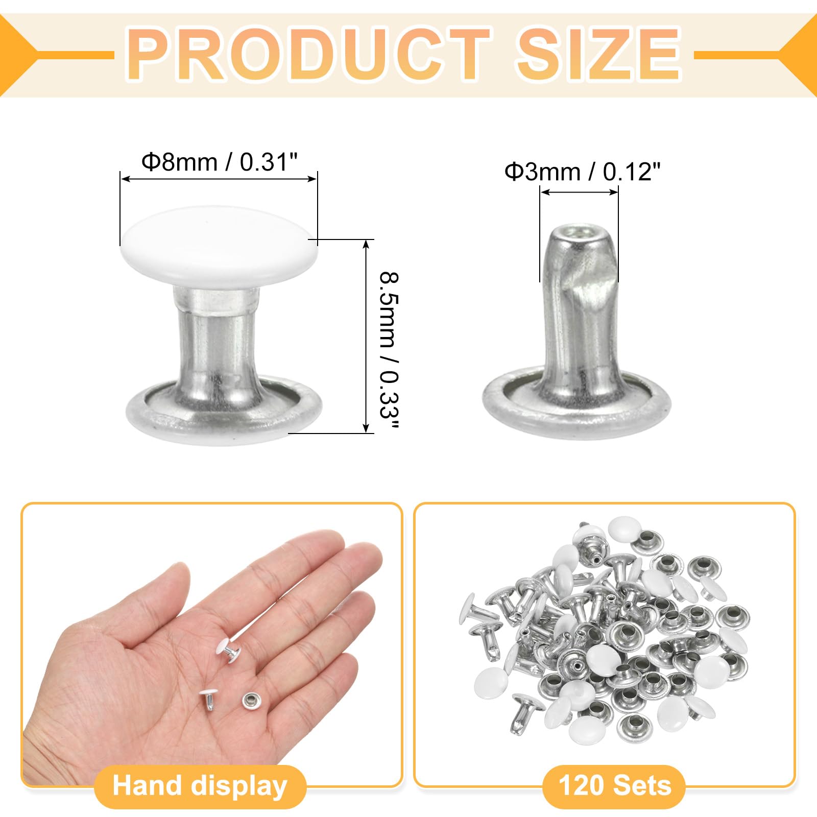 uxcell 120Set Leather Rivets, 8mm Double Cap Rivet Tubular Metal Studs Repairs Decoration Craft Accessories for Repair Decorate Leather Craft Belt Bag Shoes Purse Belts, White