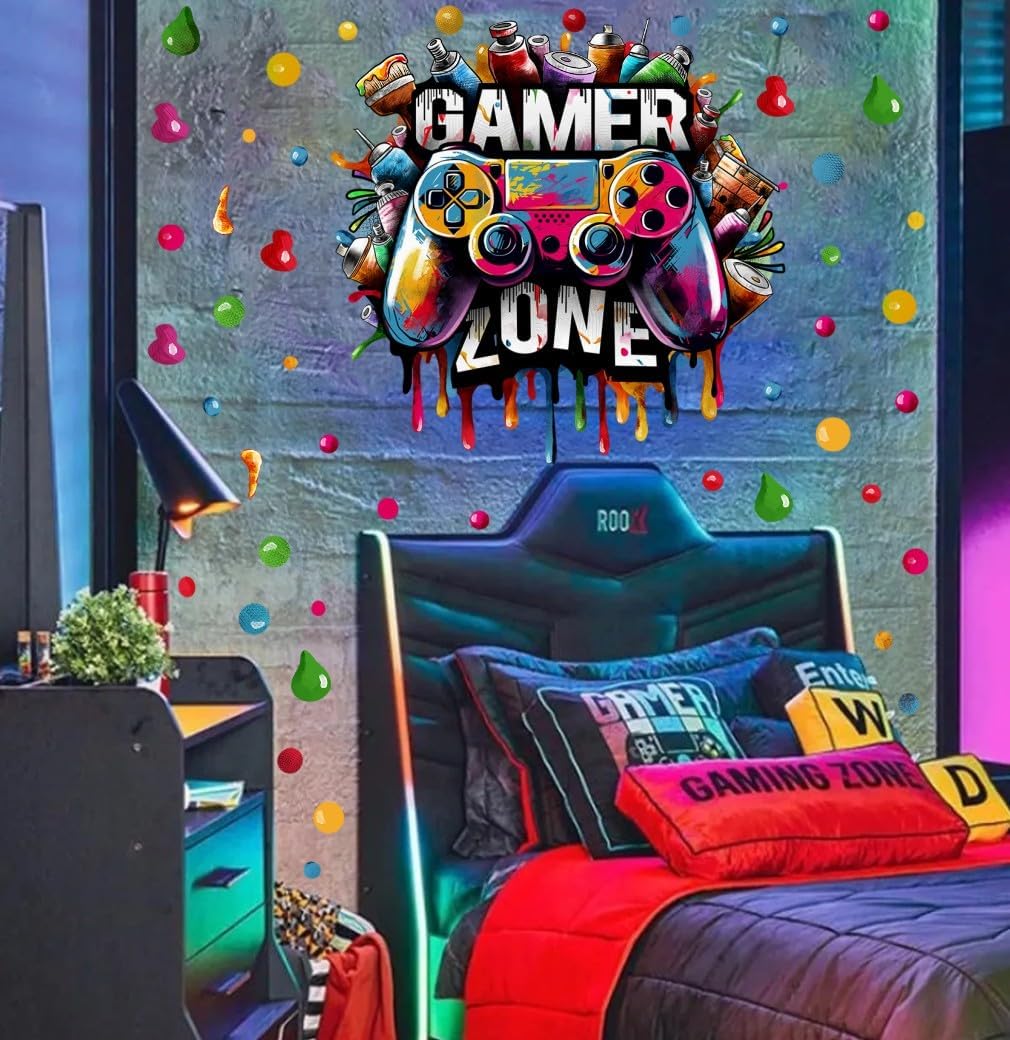 Large 3D Graffiti Gamer Zone Wall Decals (26.8”x26.4”), Watercolor Video Gaming Vinyl Wall Stickers for Game Lover, Removable Video Game Artwork for Boys Playroom Bedroom Decor - Image 2