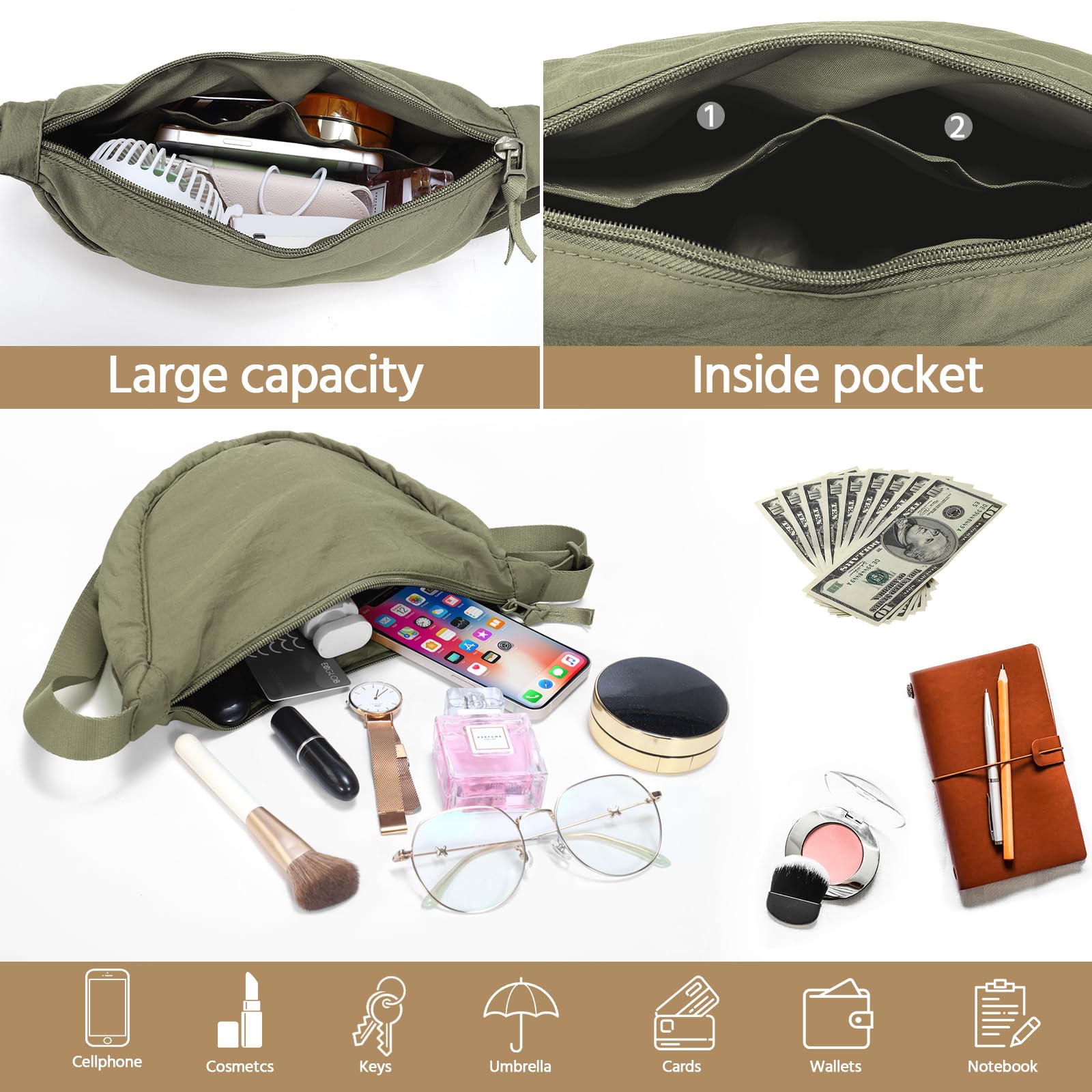 Yuson Girl Borsa a Tracolla da Donna a Mezza Luna Halfmoon Borse a Spalla con Tracolla Regolabile Tinta unita Hobo Bag in Nylon Crossbody Bag per Shopping Viaggio Festa Lavoro