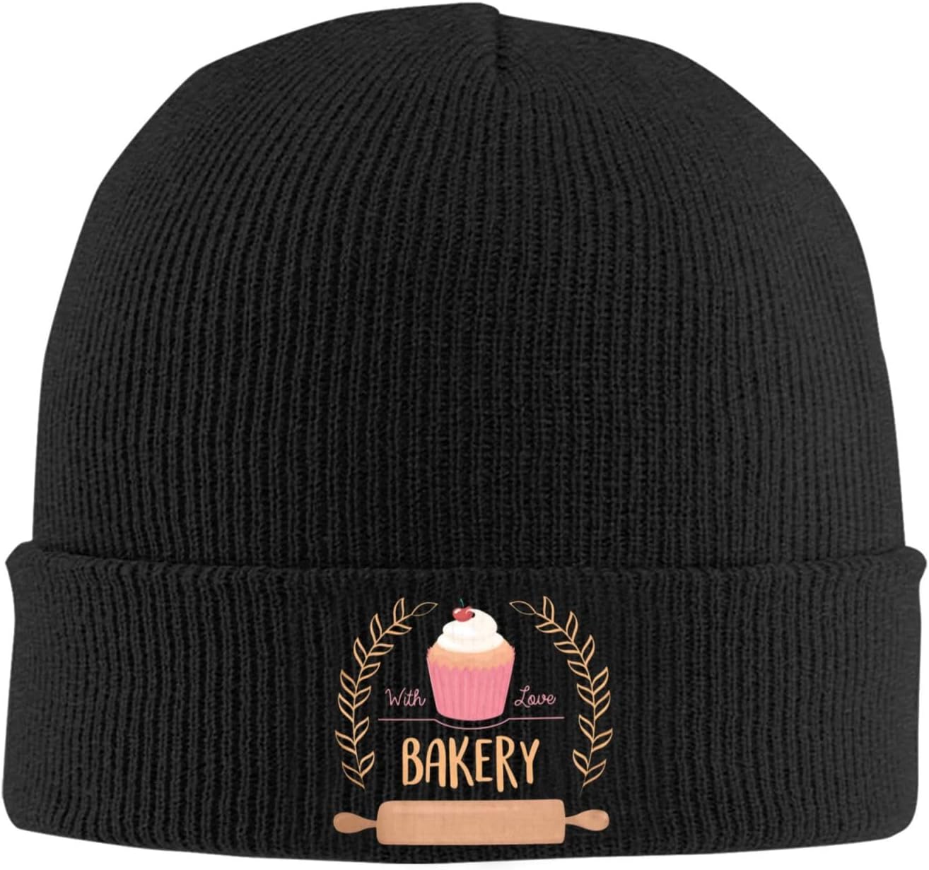 Bakery Cupcake Knit Beanie Hat with Iron-on Design for Men and Women - Warm, Stylish Winter Cap28 Black