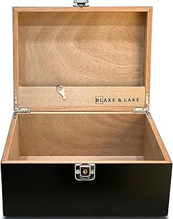 Black Wooden Storage Box with Hinged Lid and Locking Key- Large Keepsake Box with Lock - Wood Chest with Matte Finish - Store Jewelry Keepsakes Photos Gift Boxes (Black)