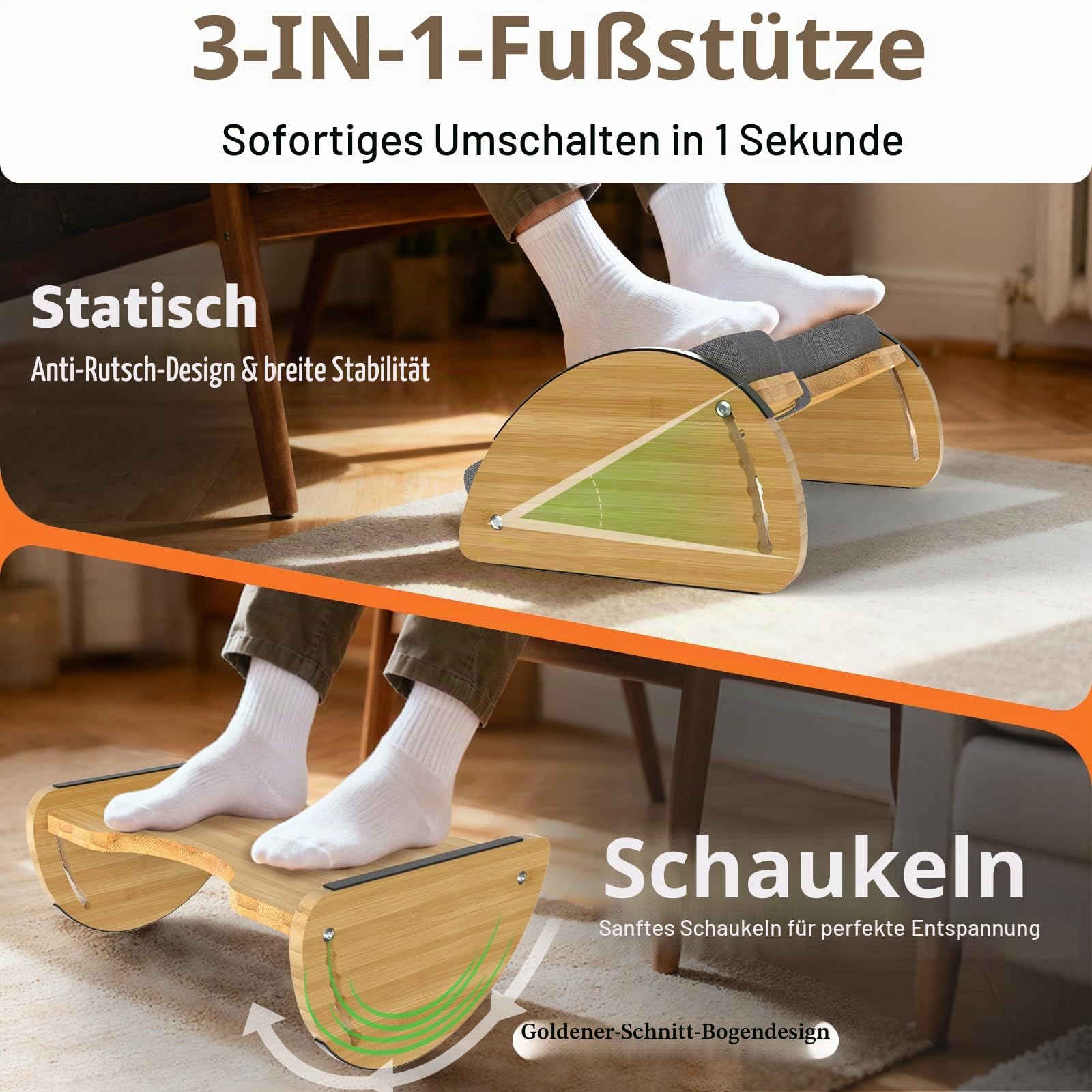 3in1 fussstütze unterm schreibtisch,verstellbare ergonomische fußstütze für Büro und Zuhause,fußhocker schreibtisch mit 6 Höhen,Schaukelstuhl mit Kissen fußbank,fussbank holz massiv rutschfest