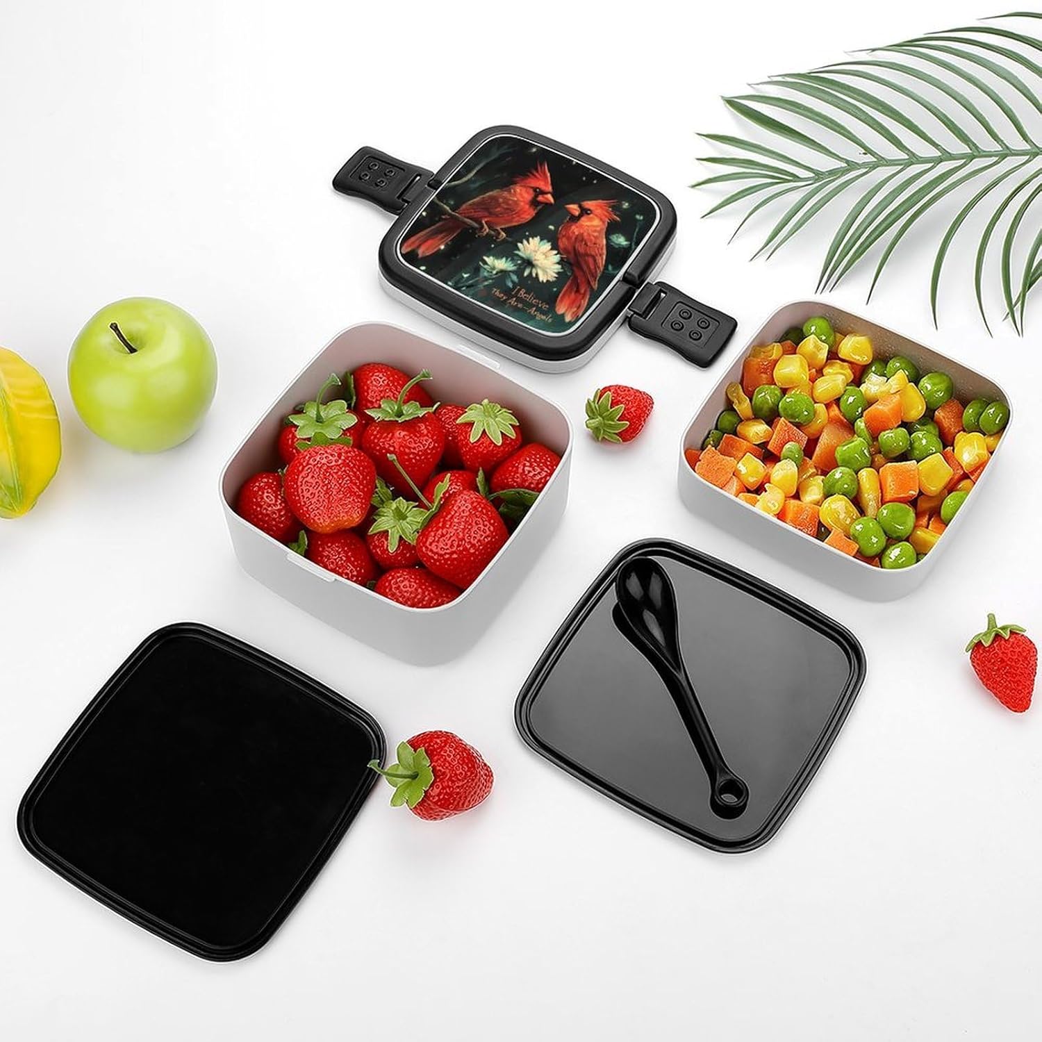 Cardinal Birds Bento Box with Spoon 2 Layer Food Container Cute Lunch Box for Travel Dining Work
