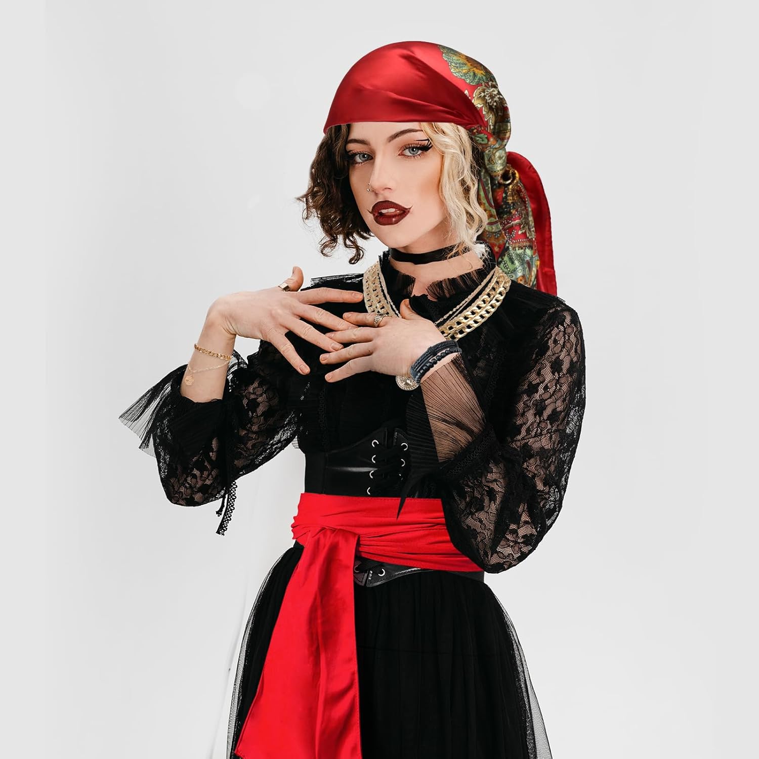 Pirate Costume Accessories Set for Women Pirate Head Scarf Pirates Sash Belt Necklace Bracelets Eye Patch Earrings Dress Accessories for Cosplay Party Dress-Up Ren Faire Carnival - Image 6