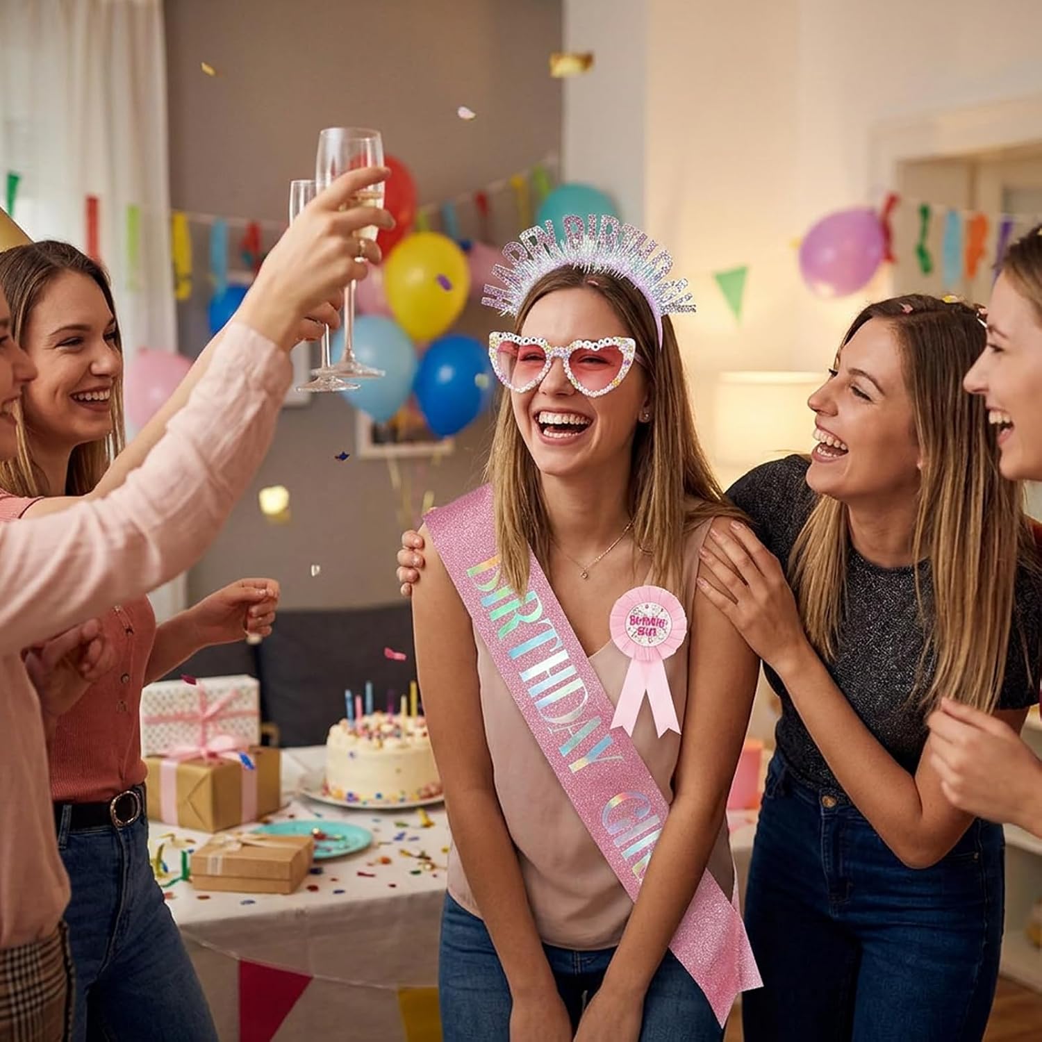 4 Pcs Birthday Girl Sash, Birthday Crown, Birthday badget and Birthday Tiara Set for Women, Four-Piece Party Decorations, Milestone Celebration Accessories for Women, Sweet 16 Party Decorations