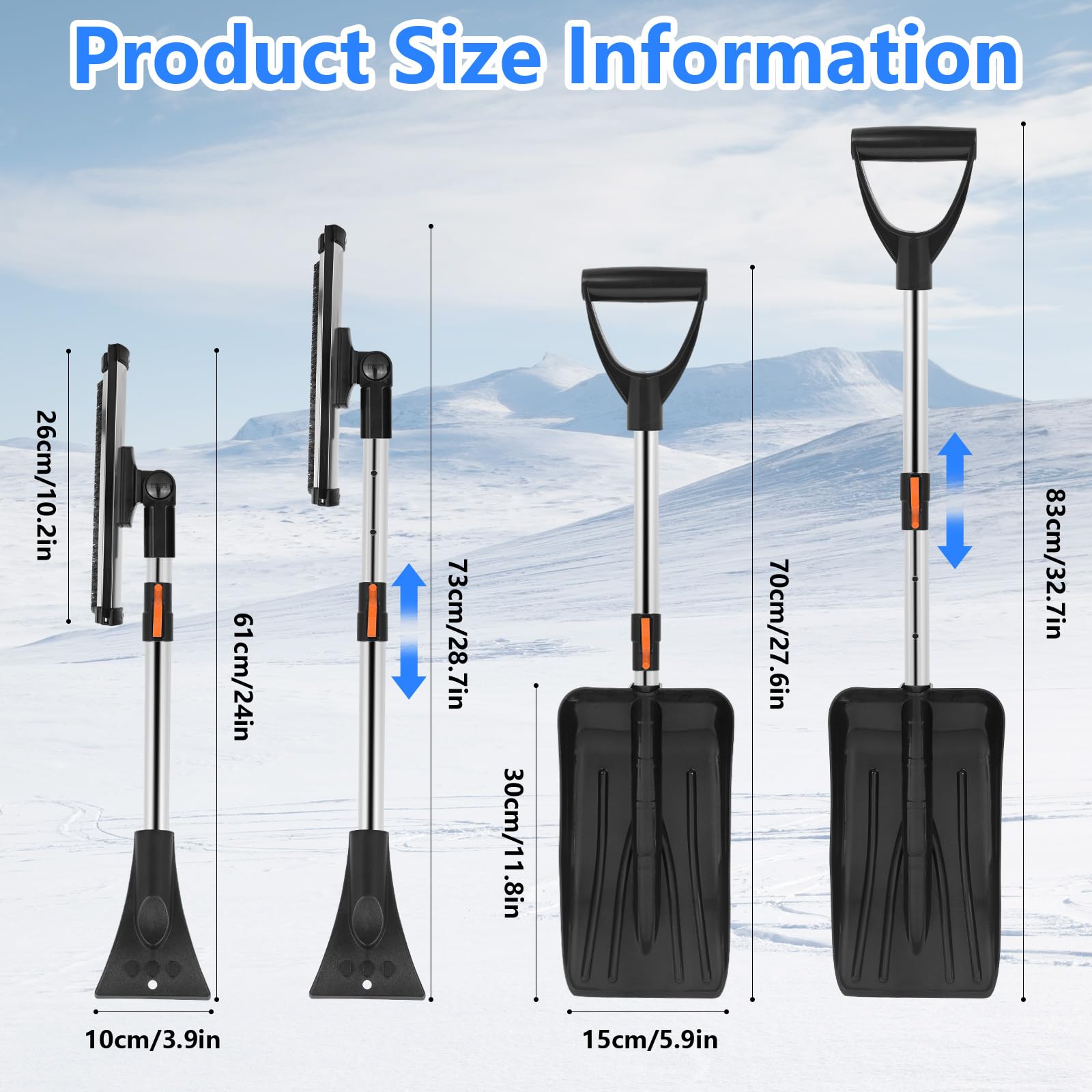 Rascador de Hielo para Coche 3 En 1, Pala Quitanieves con Cepillo Ajustable, Pala Quitanieves con Función Telescópica, Escoba para Nieve, Rascador de Hielo ExtraíBle para Coche