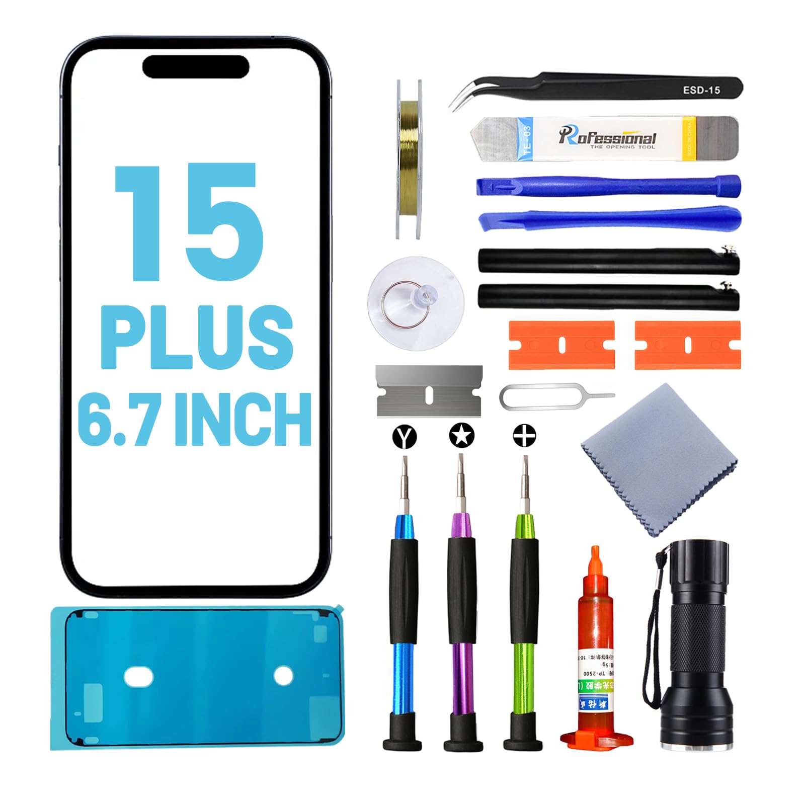 Tpyag for iPhone 15 Plus Screen Replacement, Glass Replacement for iPhone 15 Plus 6.7 inch, Screen Repair Kit with Waterproof Adhesive(NO OLED & Touch