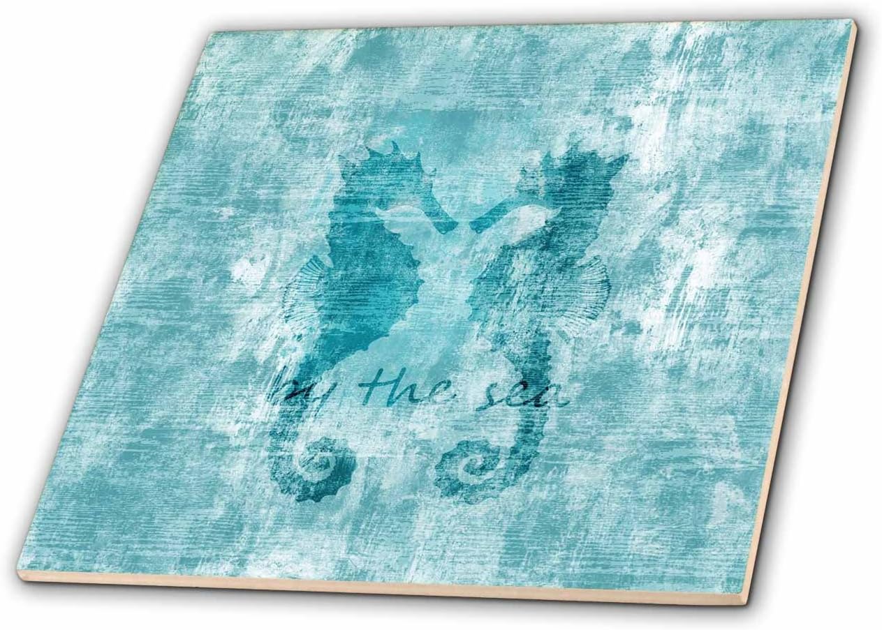 3dRose Aqua Nautical Beach Sea Horses 12 Inch Ceramic Tile