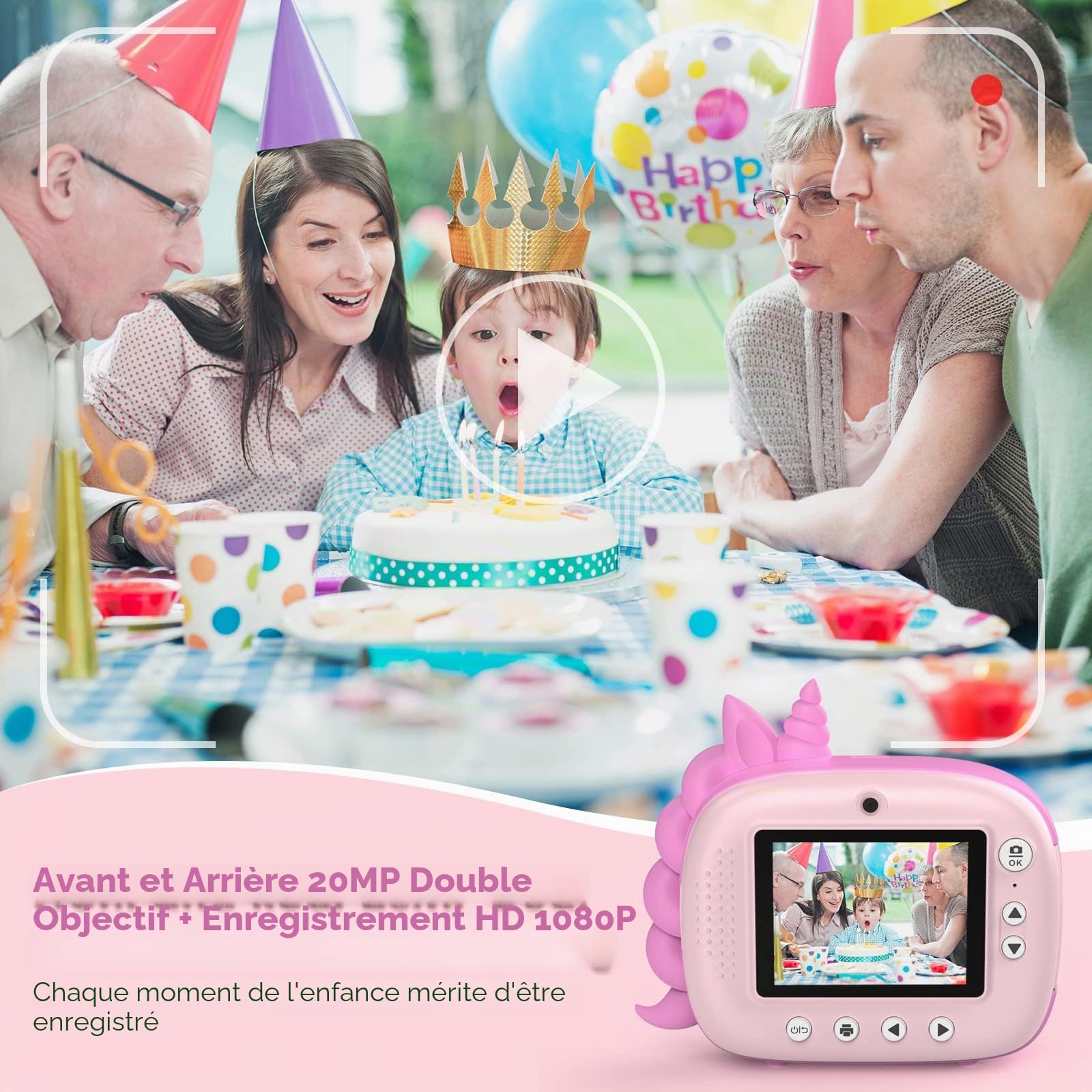 HiMont Appareil Photo Numérique Instantané,avec Papier d'impression & Carte TF 32G, Caméra Vidéo avec Stylos Colorés pour Le Bricolage, Cadeau pour Filles Garçons de 3-14 Ans