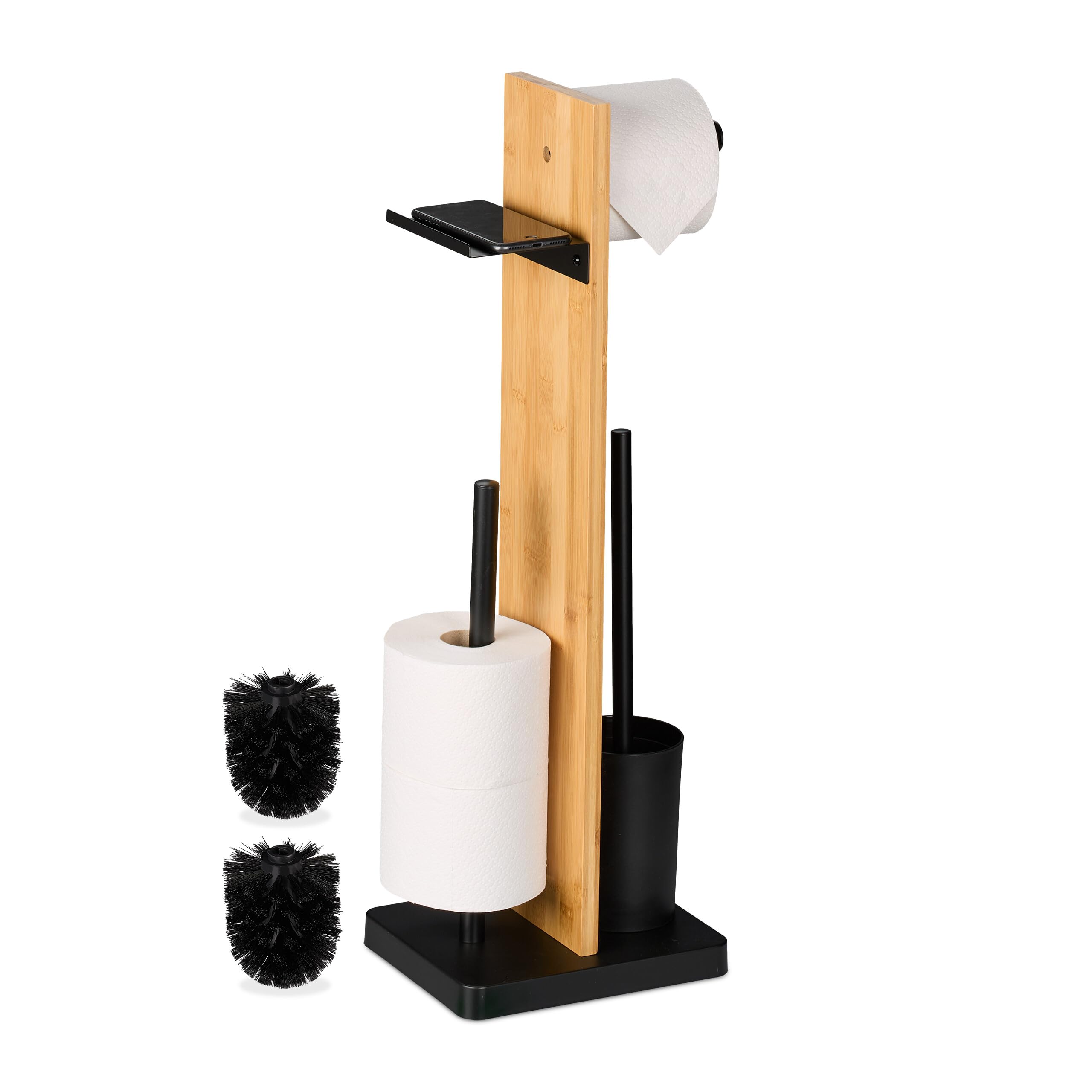 Relaxdays Toilet Roll Holder and Brush Set, Bamboo, 68x27x18 cm, Freestanding, with Shelf, Bathroom Accessories, Black