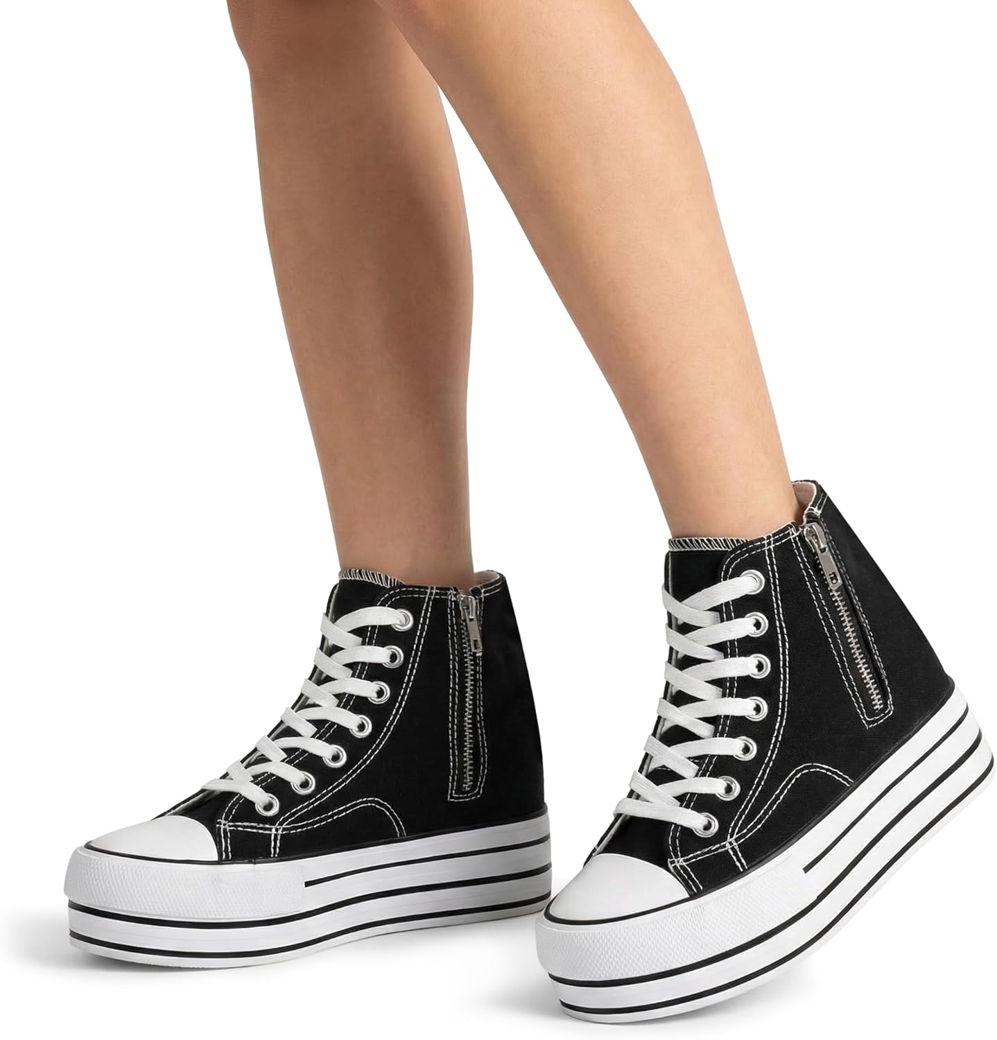 Womens Platform Shoes Hidden Wedge 4 Inches Height Increase, High Top Canvas Sneakers High Heel White Black Fashion Sneakers for Women and Girls - Image 5
