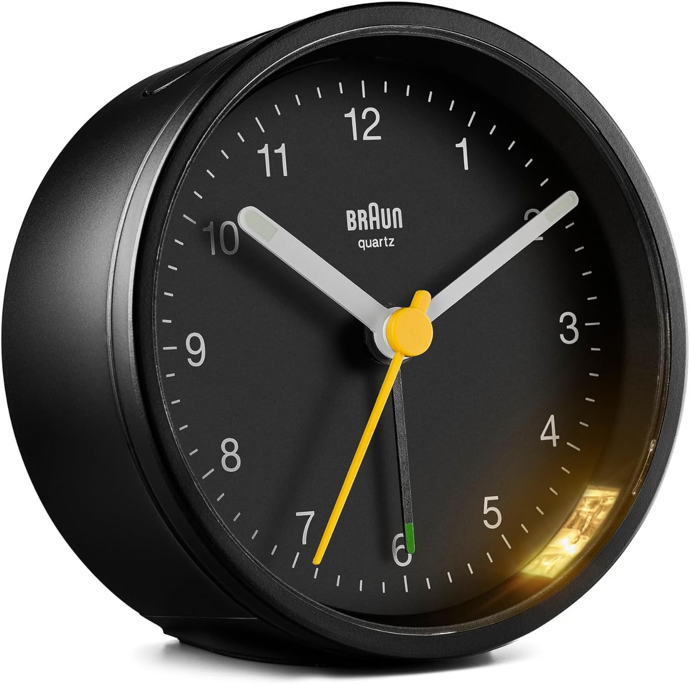 Classic Analogue Alarm Clock with Snooze and Light, Quiet Quartz Movement, Crescendo Beep Alarm in Black, Model BC12B.