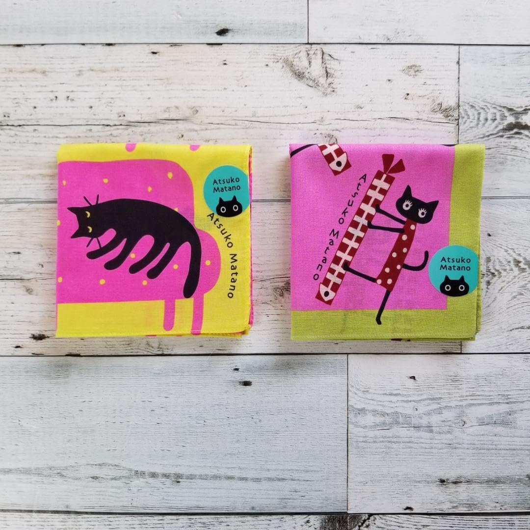 Amazon.co.jp: マタノアツコ ハンカチ 大判 イエロー ピンク 黒猫 ネコ