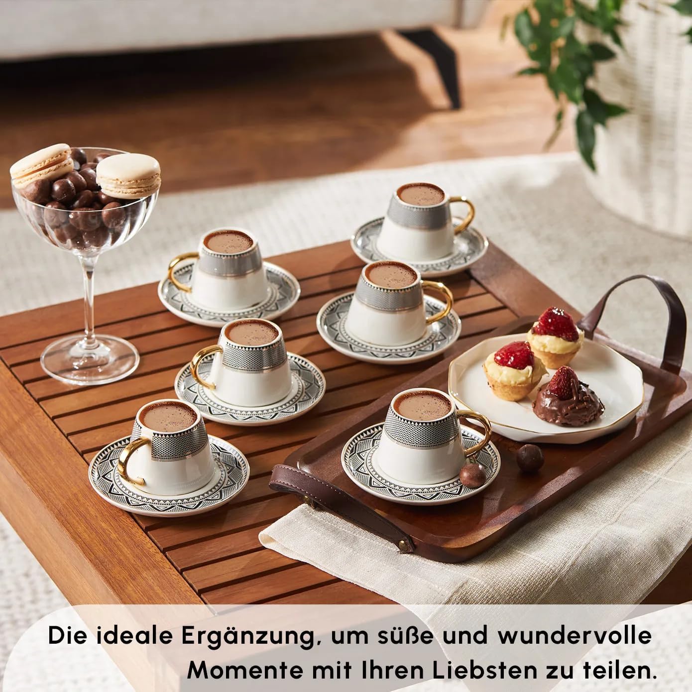 KARACA Globe Turkish Coffee Cup Set of 6, 80ml, 2.7 oz, Small Espresso Cups with Saucers, Porcelain, Black Patterns, and Gold Handles, Ideal for Serving Greek, Arabic Coffee