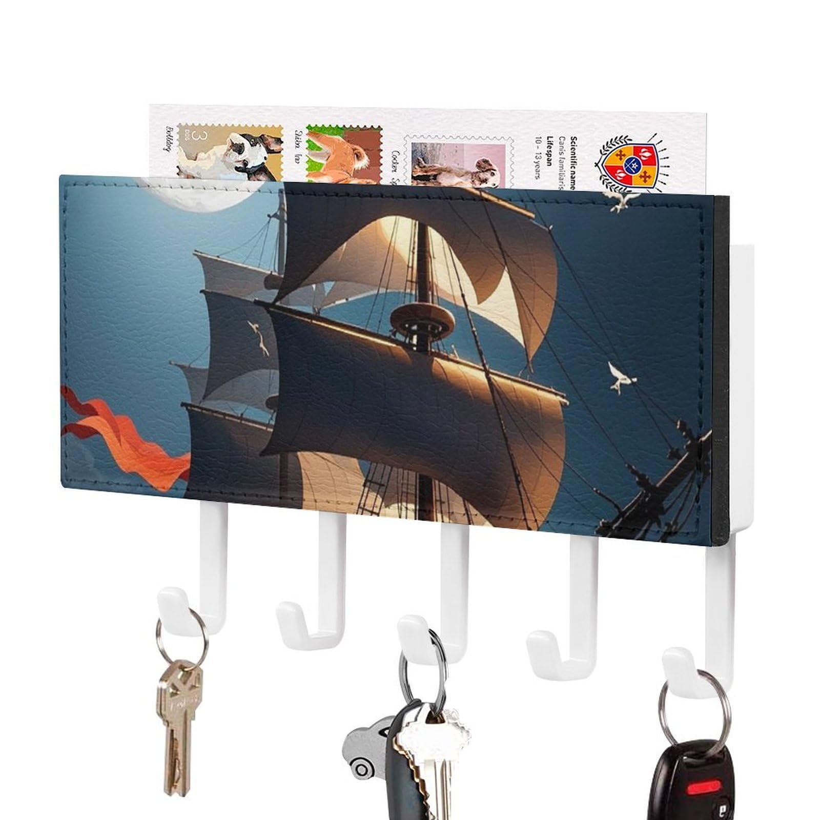 Fekiloot White-Style Pirate Sailboat Full Moon Key Holder Wall Mount Key Hanger With 5 Hooks Decorative Key Rack Hanging Key Hooks With Mail Organizer Key Holder For Wall Living Room Kitchen Bathroom Hallway White