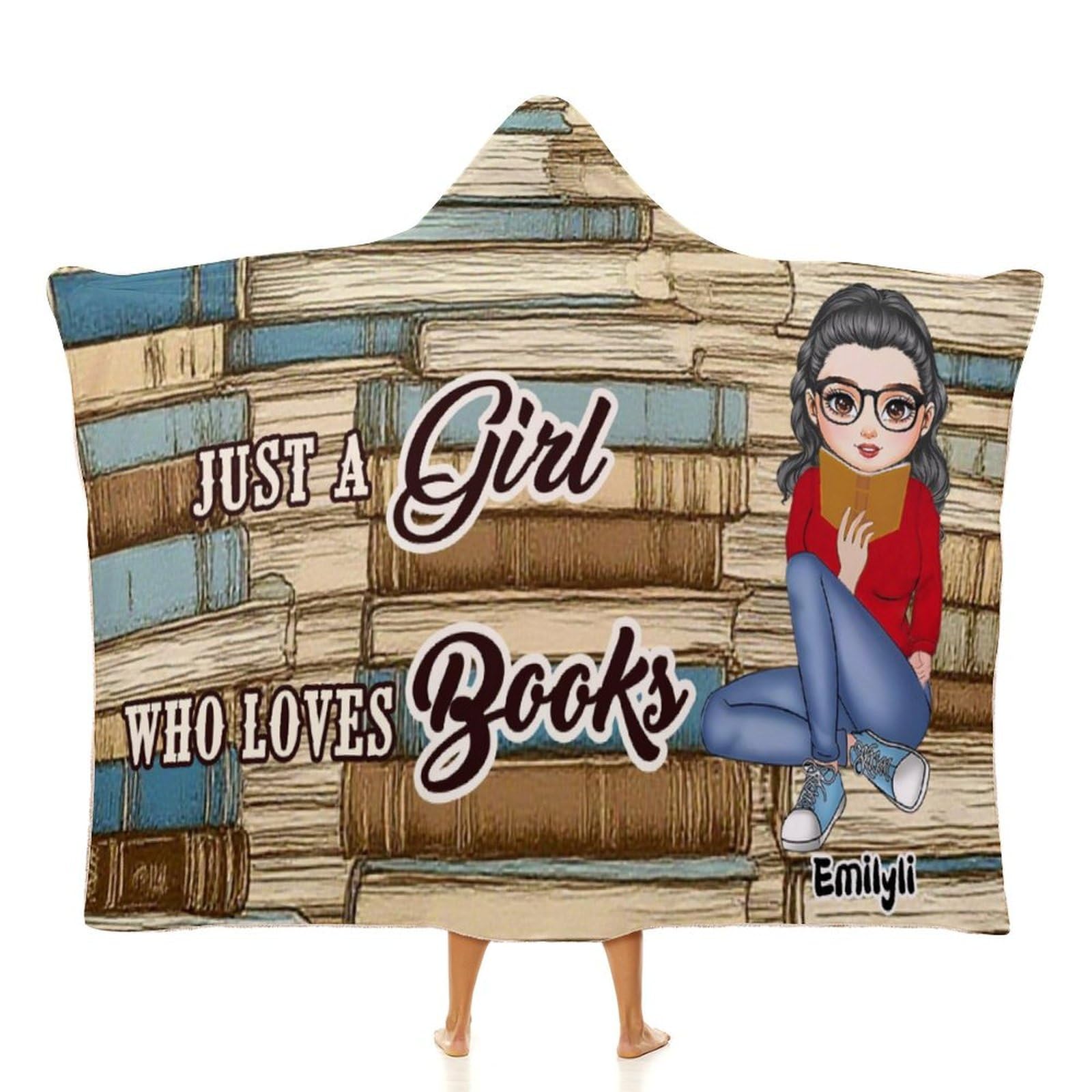 Just a Girl Who Loves Books Blanket, Personalized Reading Wearable Hooded Blanket for Book Lovers Women, Christmas Birthday Gifts for Bookworm Readers Librarian, Book Club Room Home Decor (Style 24)