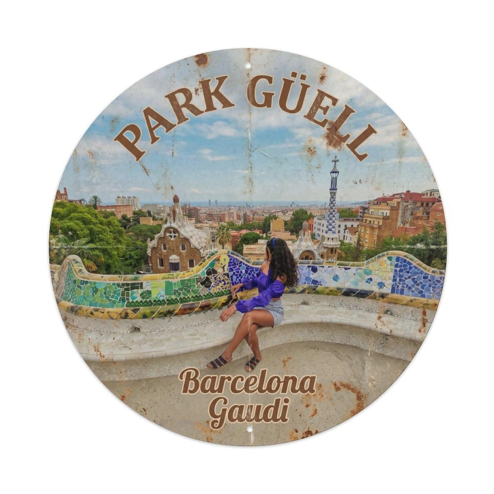 Barcelona Catalan Mosaic Park Vintage Travel Architecture Metal Tin Sign Plaque Wall Decor for Cafe, Man Cave, Club Bar, Office, Home Garden Round Metal Poster 8x8Inch